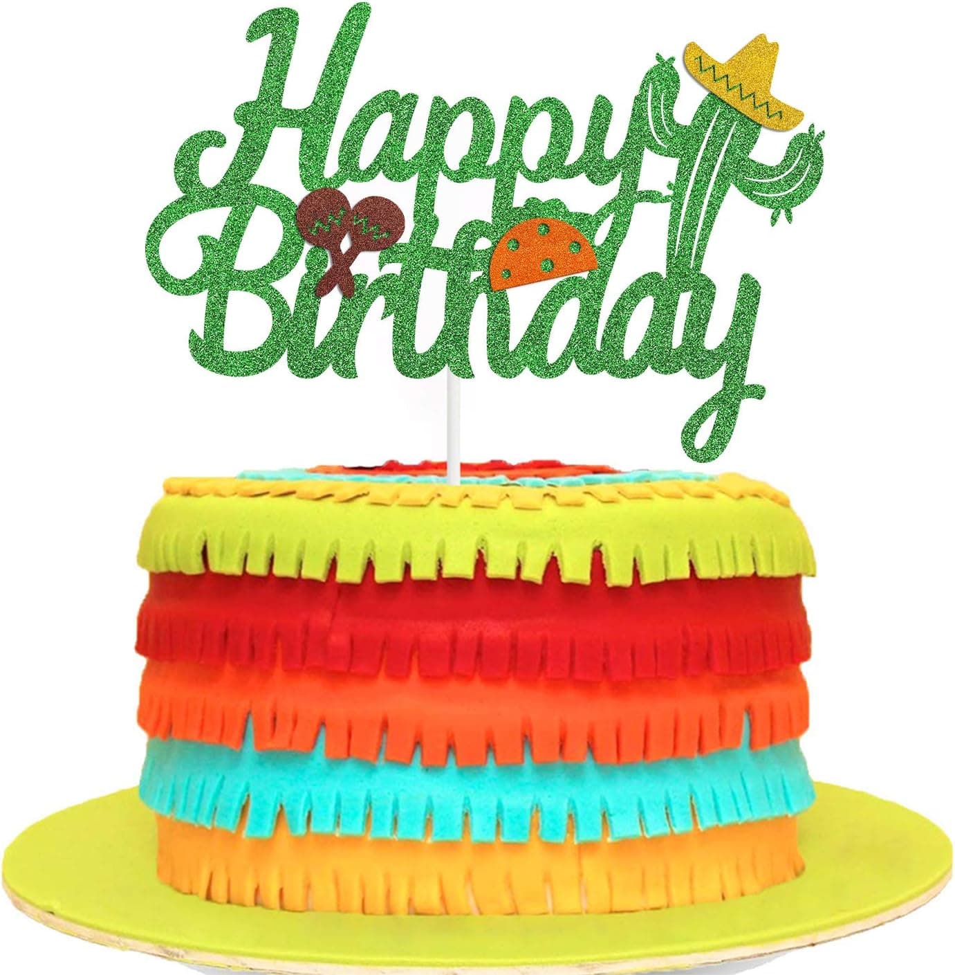 Cactus Happy Birthday Cake Topper with Taco and Maracas Mexican Theme Birthday Party Supplies