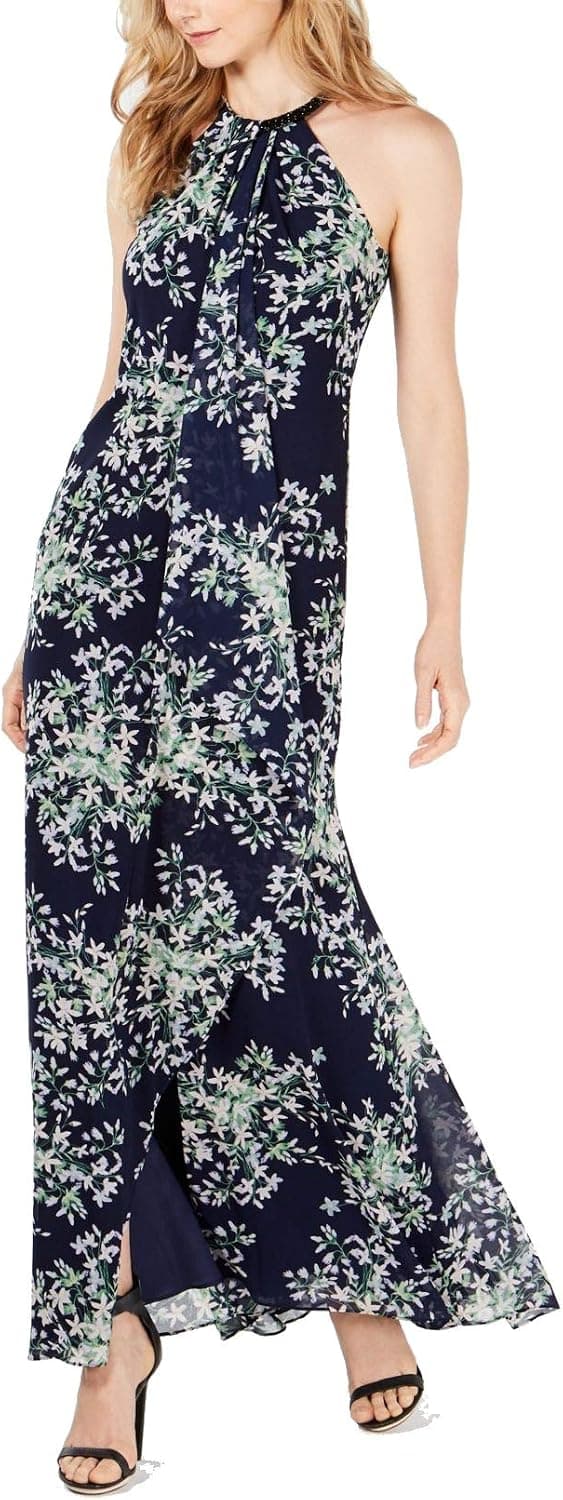 Calvin Klein Women's Halter Neck Gown with Draped Front & Beading