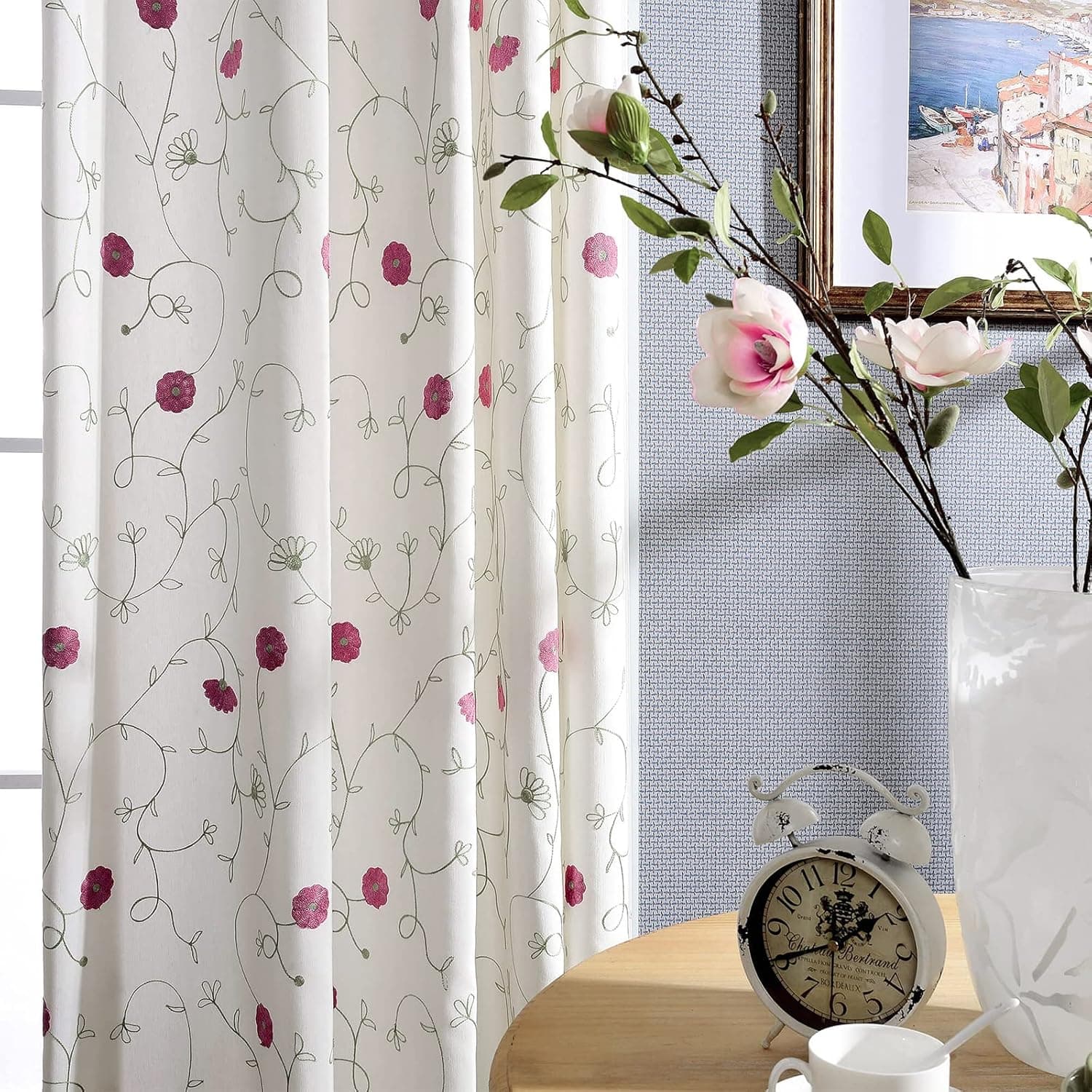 VOGOL Embroidered Elegant Curtains Simple Style Grommmet Window Panels for Bedroom Living Room,Two Panels, 52x63, Pink Floral in White
