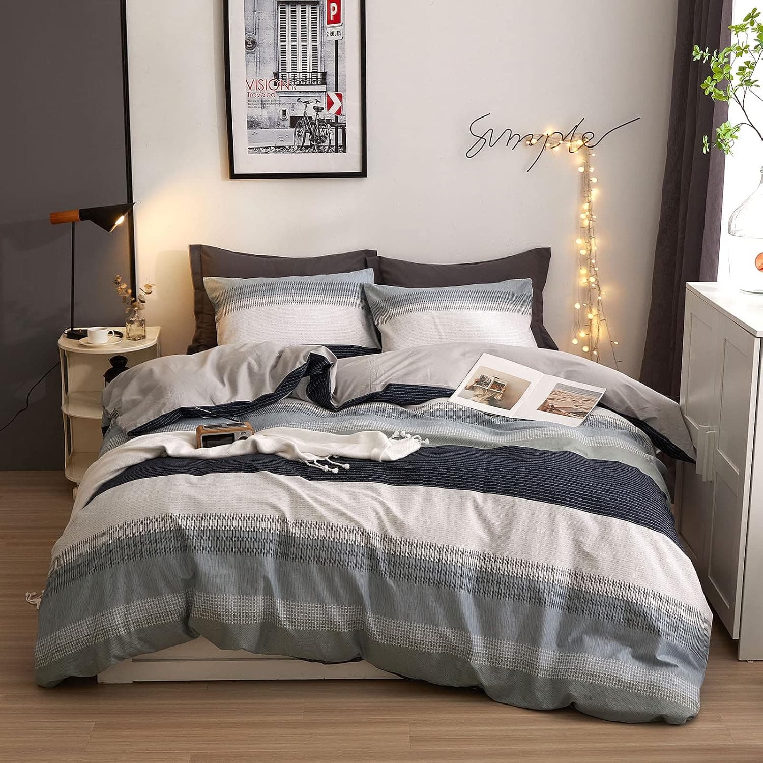DREAMINGO Queen Duvet Cover Gray Blue White Stripes Modern Geometric Bedding Set for Teen Boys Men 100% Cotton Lightweight Soft Reversible Quilt Cover with Zipper