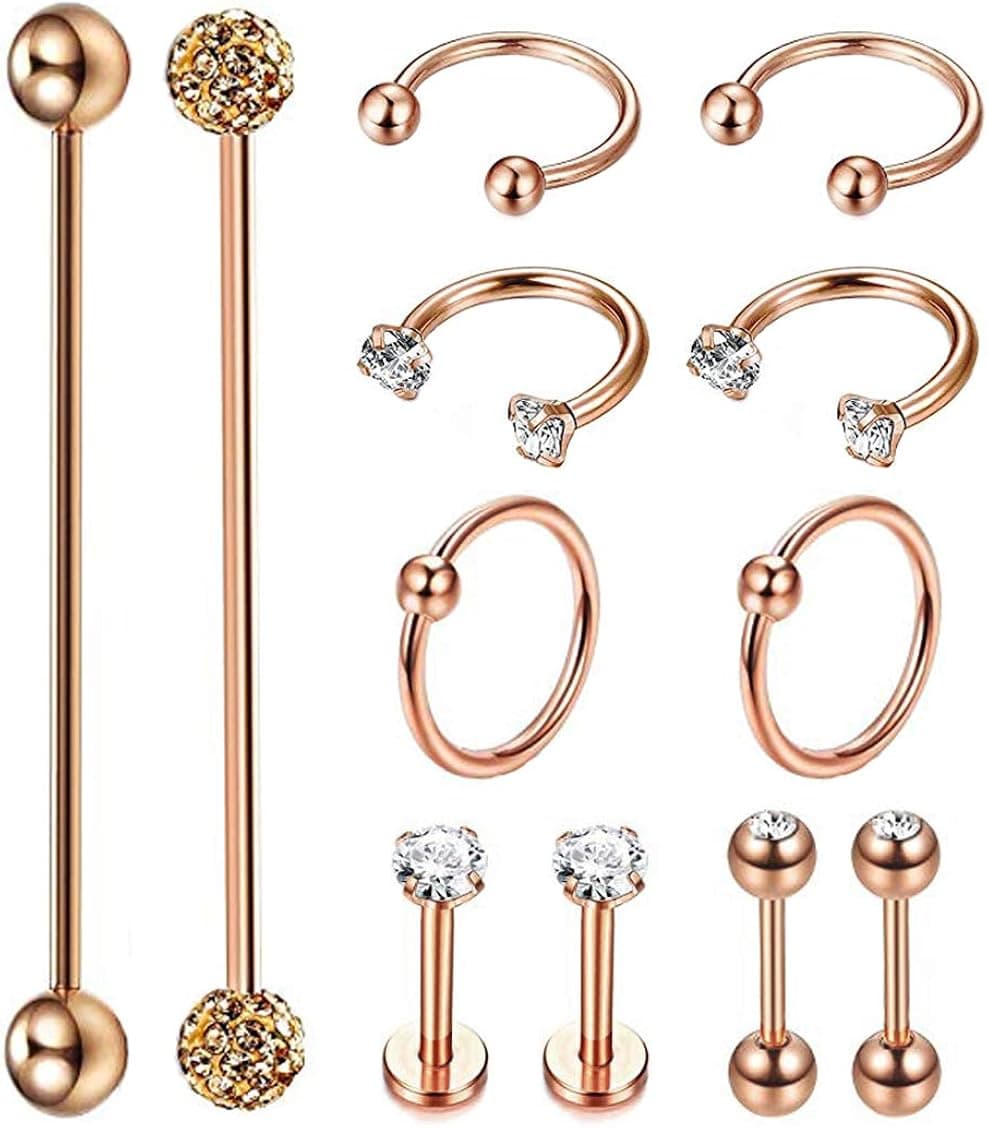 Masedy 12Pcs Stainless Steel Industrial Barbell Cartilage Piercing Earrings for Women Men Hoop Helix Tragus Labret Piercing