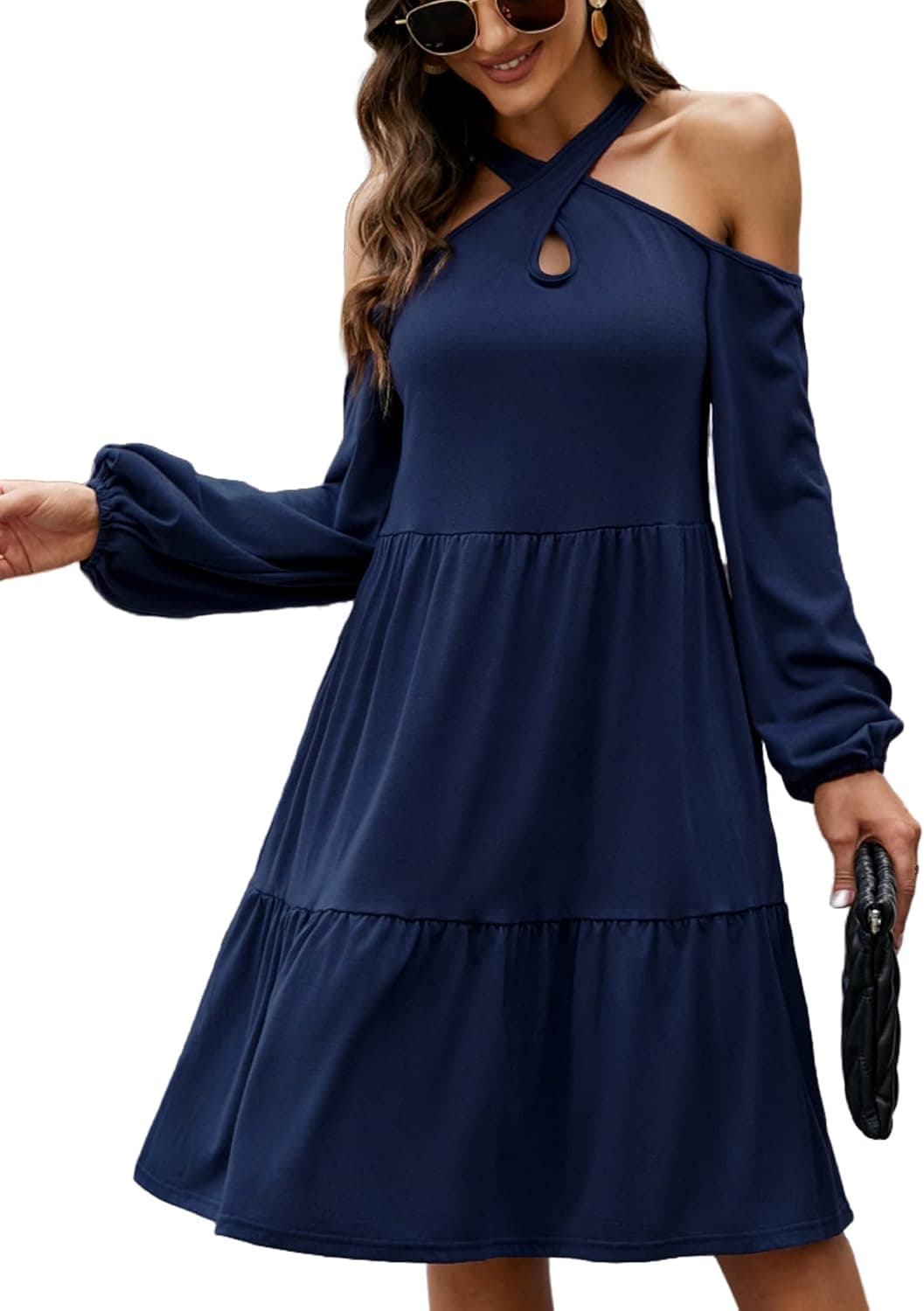 MISSKY Cold Shoulder Dress for Women Casual Criss Cross Lantern Long Sleeve Dress Hollow Out Swing Dress