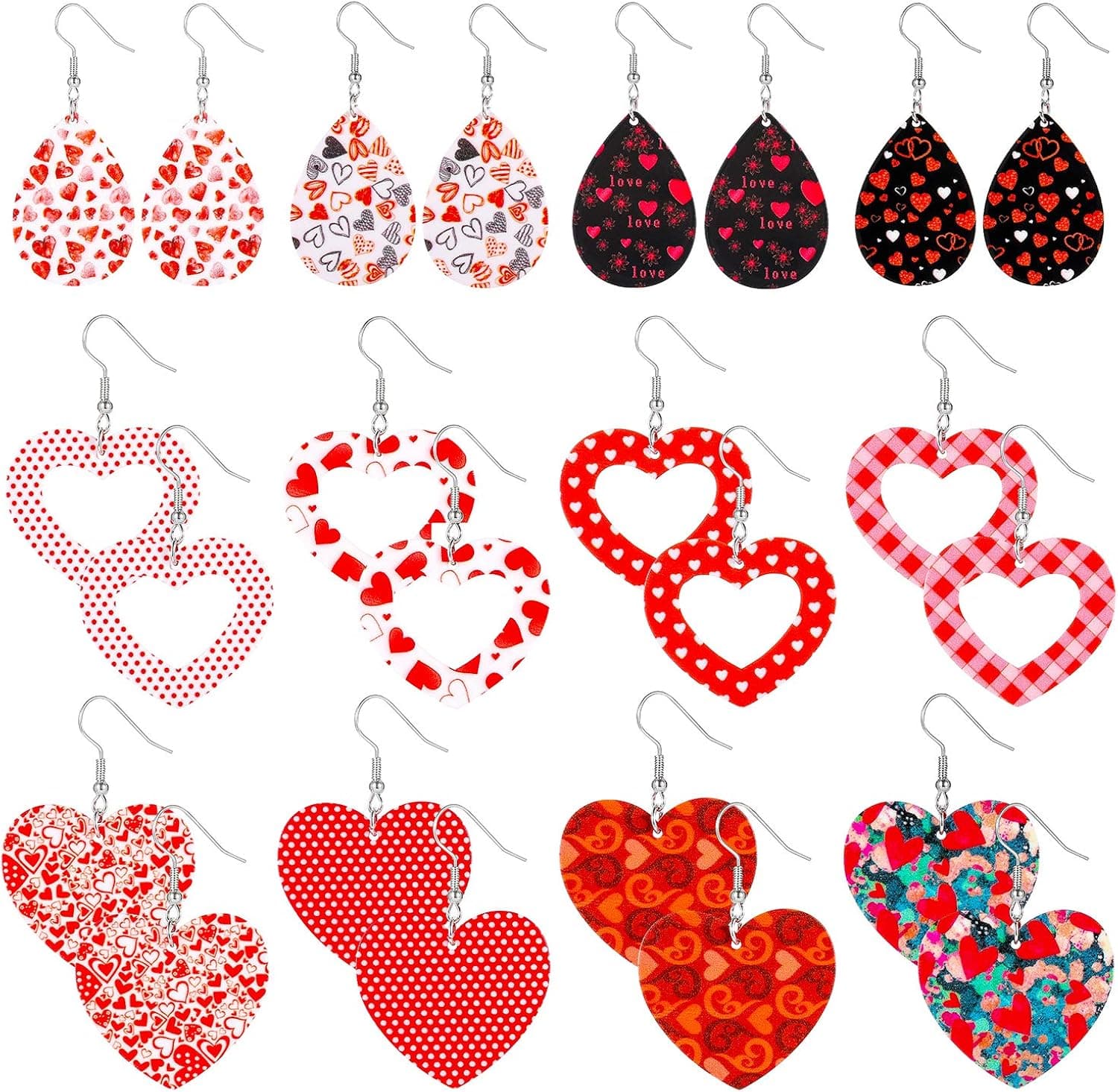 9-20 Pairs Acrylic Earrings for Women Girls Party, MTSCE Heart-Shaped Print Lightweight Teardrop Dangle Earrings Set, Fashion Jewelry Valentine Day Gift 12PC