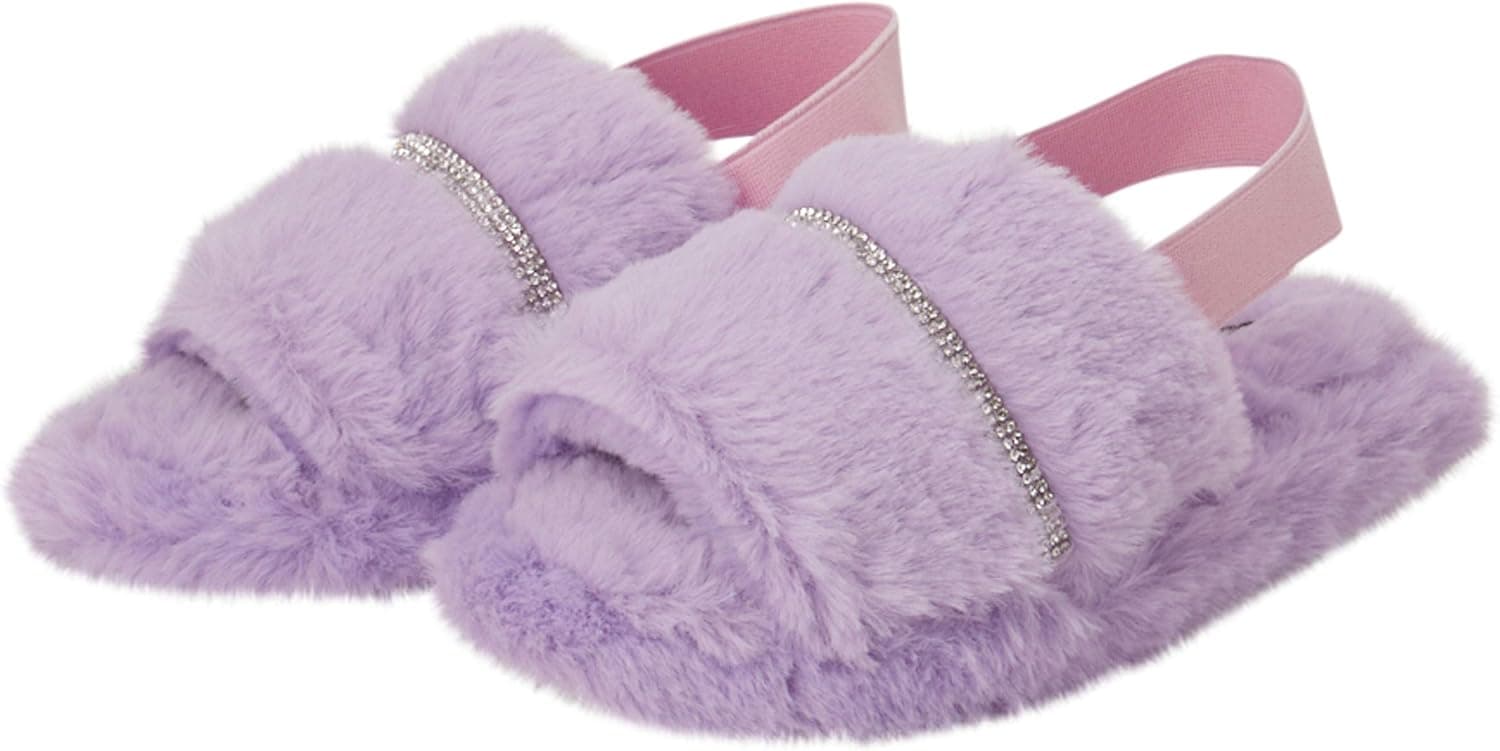 Kensie Girl Girls' Slippers - Plush Fuzzy Rhinestone Studded Slip-On House Shoe Slides with Elastic Heel (Little Kid/Big Kid)