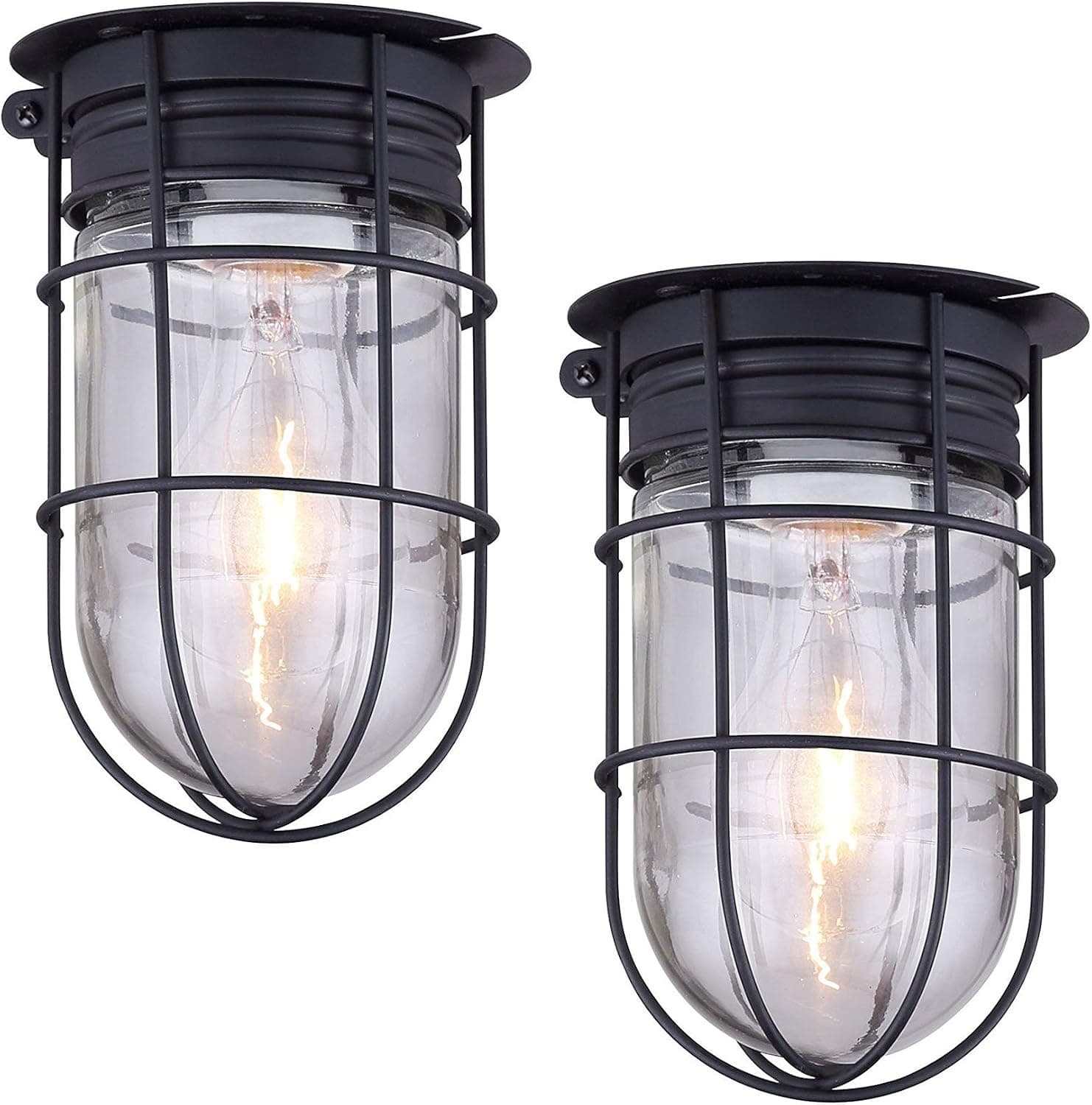 2 Pack of Outdoor Caged Lights Barn Ceiling Exterior Wall All Weather with Cage, Black