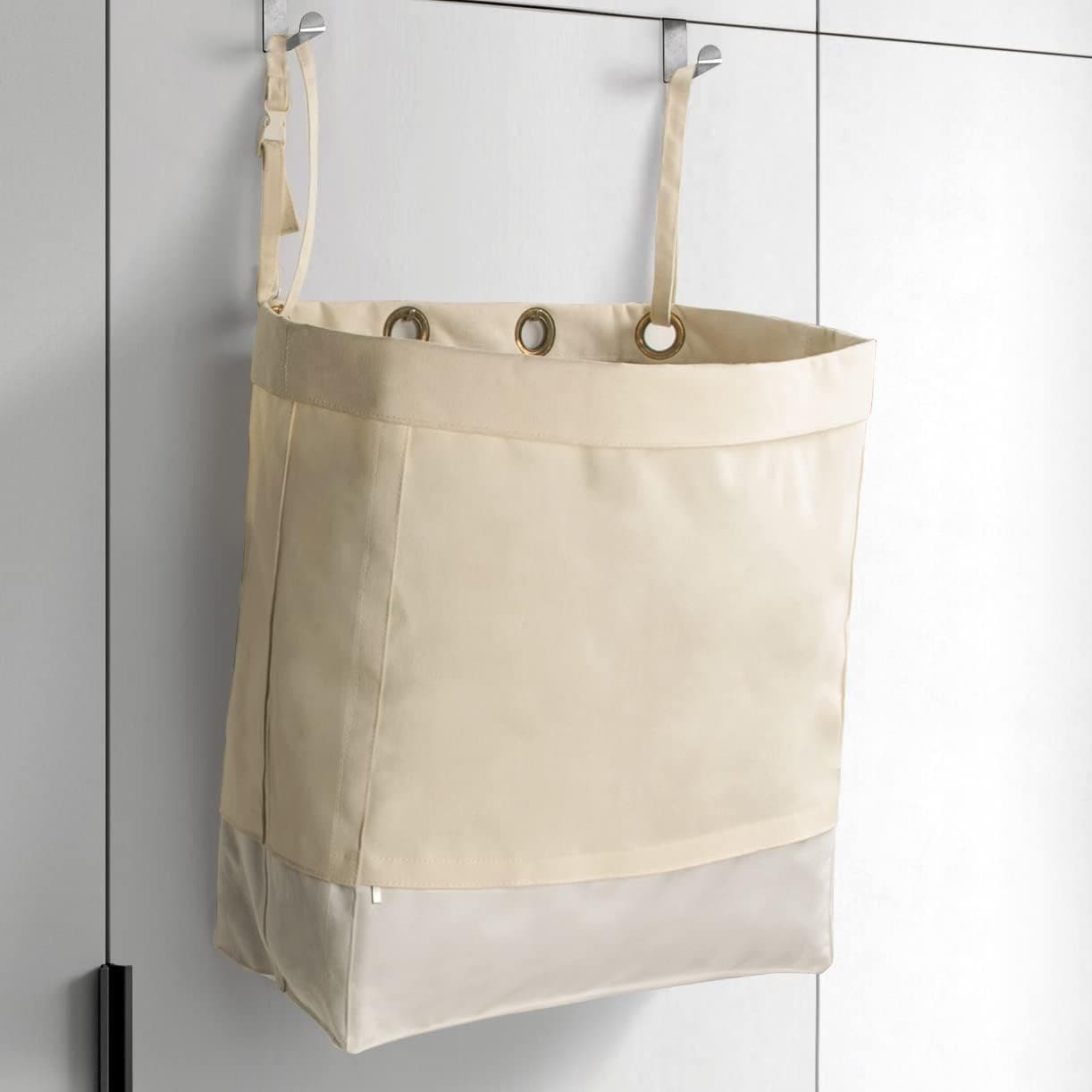 Koroda Hanging Laundry Hamper: Large Canvas Laundry Basket with Adjustable Handles Over the Door - Collapsible Laundry Bag for Clothes Organizer (Beige)