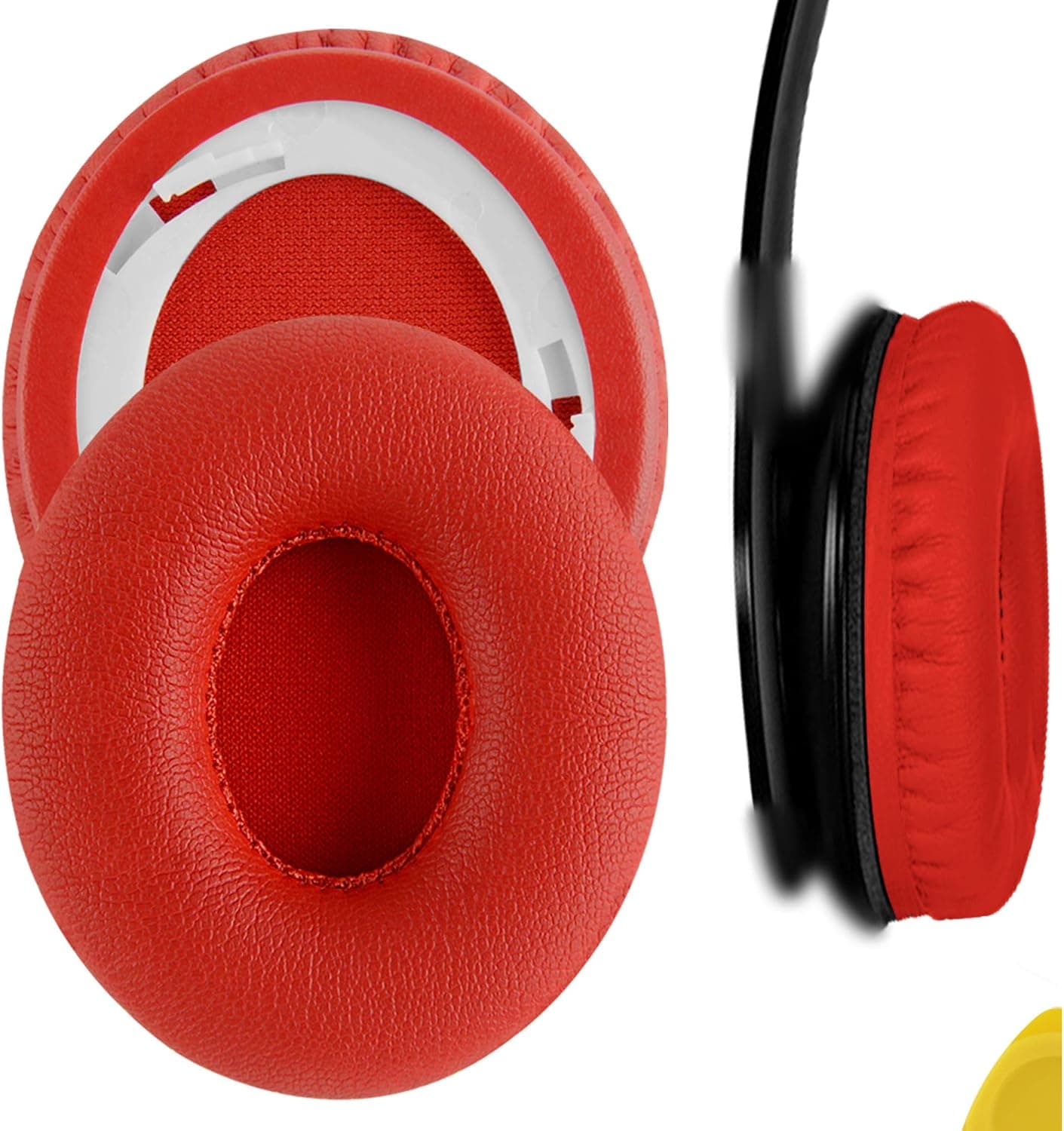 Geekria QuickFit Protein Leather Replacement Ear Pads for Beats SoloHD (810-00012-00) On-Ear Headphones Earpads, Headset Ear Cushion Repair Parts (Red)