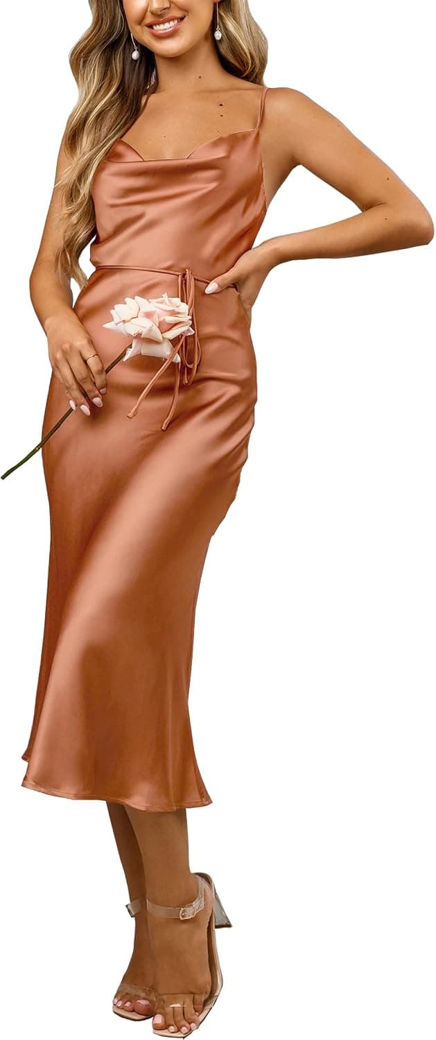 Women's Sleeveless Spaghetti Strap Satin Wedding Guest Party Dress Cocktail Evening Cowl Neck Backless Midi Formal Dresses