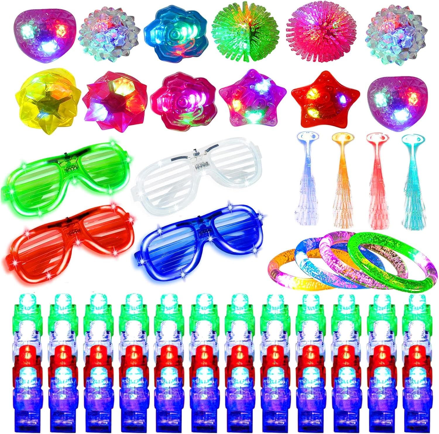 kunmark 72PCs LED Light Up Toys Party Favors Glow in The Dark Party Supplies, Glow Stick Party Pack for Kids Including 48 Finger Lights,12 Jelly Rings,4 Glasses ,4 Bracelets,4 Hair Lights ¡­