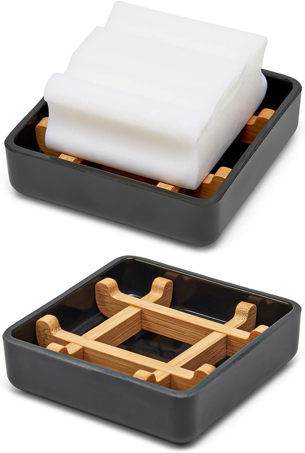 Wooden Bamboo Square Soap Dishes for Bar Soap Holder for Shower with Drain for Bathroom Small Soap Dish Detachable（Double Pack Right Angle Black）