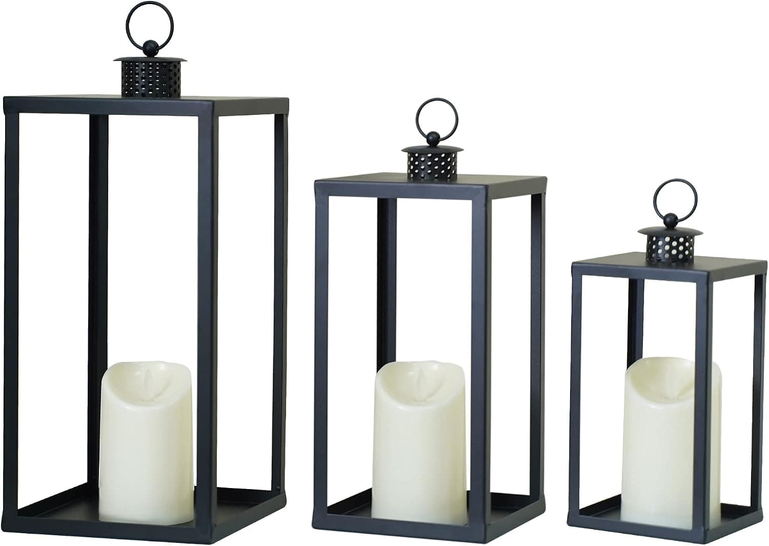 HPC Decor Black Metal Candle Lanterns Set of 3- Lanterns Decorative w/Flickering LED Candles- 16.5'' 13'' 10'' Chunky Large Modern Farmhouse Candle Lanterns for Indoor, Outdoor, Tabletop (No Glass)