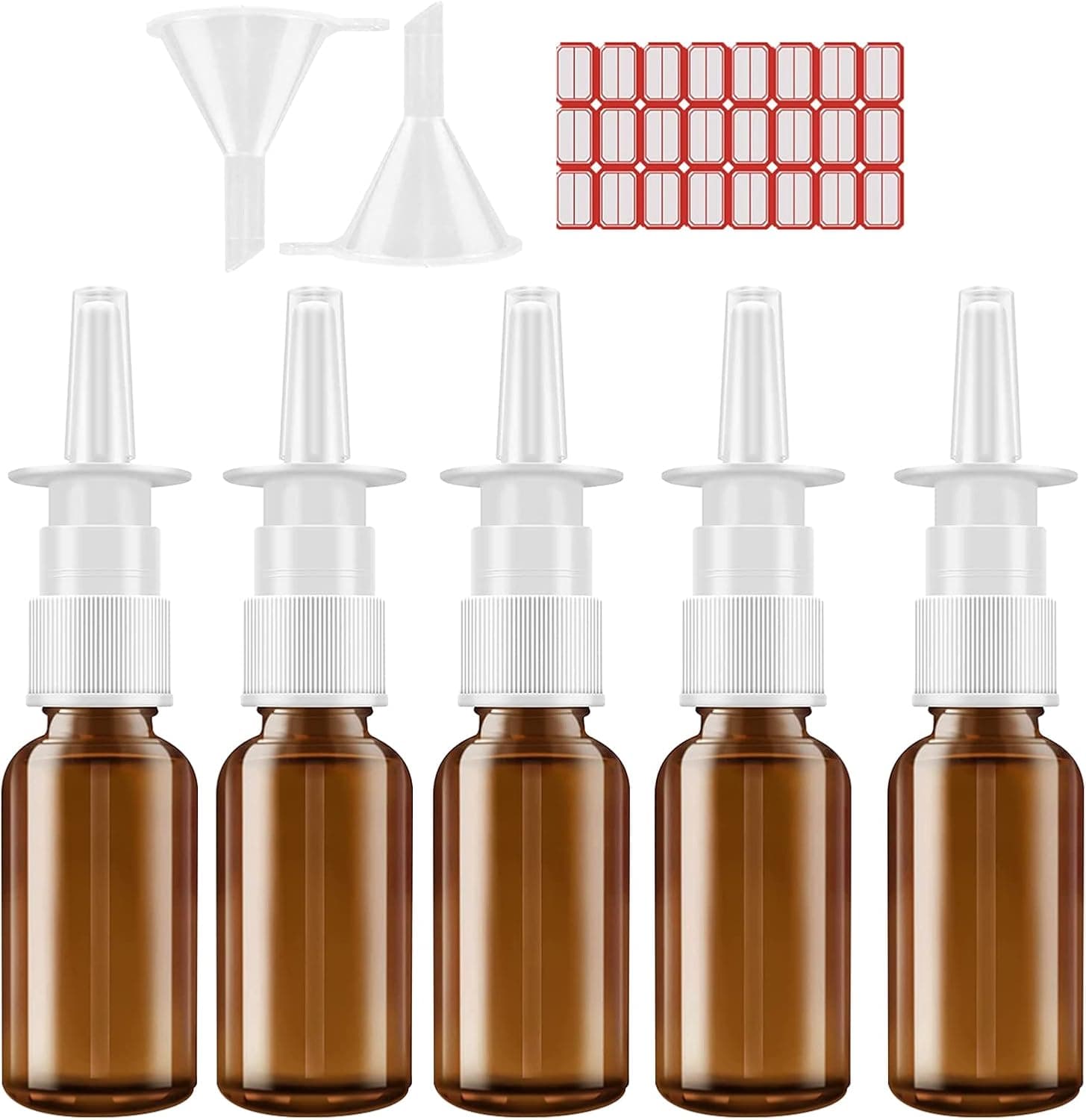 5 Pcs Nasal Spray Bottle, Empty Glass Spray Bottles Amber Refillable Fine Mist Sprayers Atomizers, Travel Sized Saline Applications Spray Bottles with Funnels and Labels(30ml/1oz)
