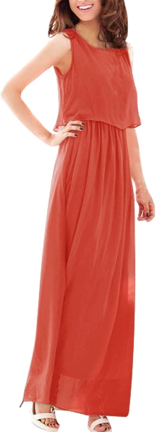 Allegra K Lady Overlay Split Back Elastic Waist Maxi Chiffon Dress S Orange Red