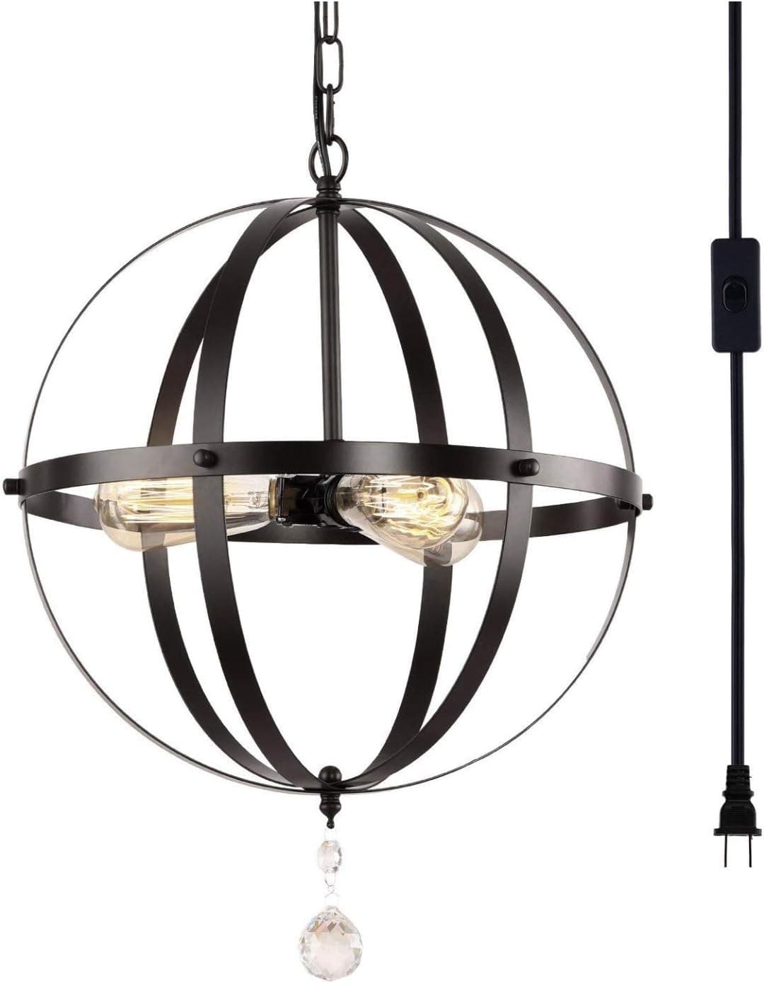 HMVPL Plug in Pendant Light Fixtures, Industrial 3 Light Globe Swag Lamp with 16.4 Ft Hanging Cord and Toggle Switch, Black Finish Vintage Metal Chandelier for Living Room Kitchen Island Hallway