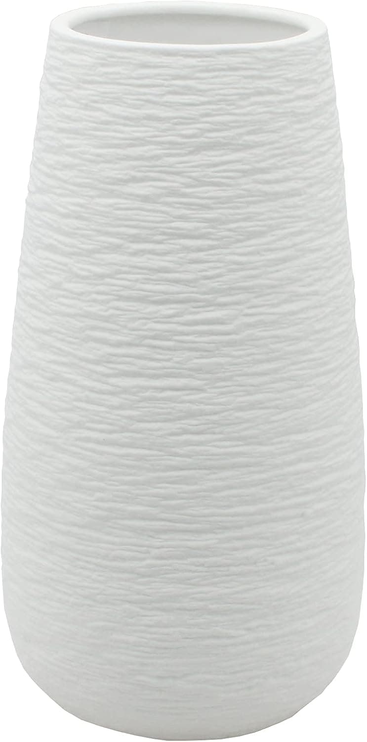 Ceramic Vase, 10 inch Ceramic Vase, Large Rounded Vase, Textured Ceramic Vase, Modern Geometric Pattern Floral Vases, Tall Porcelain Floral Arrangement for Home Décor, Cylinder Bouquet Holder (White)