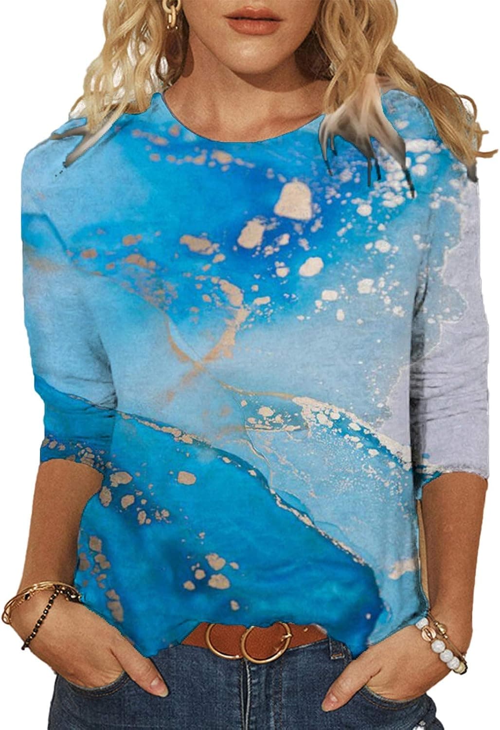 3/4 Sleeve Shirts for Women Summer Casual Print Tops Round Neck Loose Pullover Comfy Soft Blouses