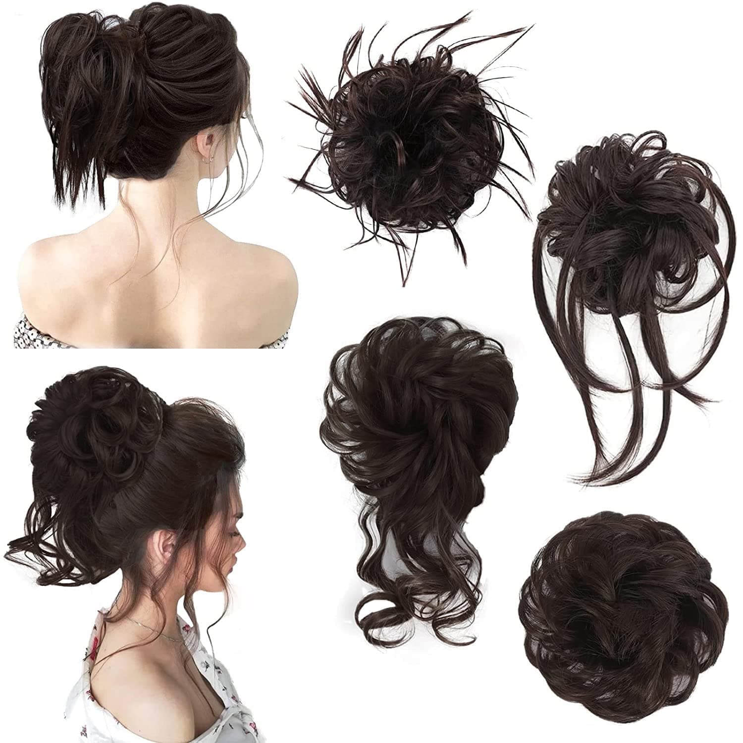 CLSHES 4 Pieces Messy Hair Bun Hair Piece Tousled Updo Hair Buns Hairpiece Hair Extensions Elastic Rubber Band Scrunchies for Hair Synthetic Chignon Ponytail Fake Hair Accessories for Women (Dark Brown)
