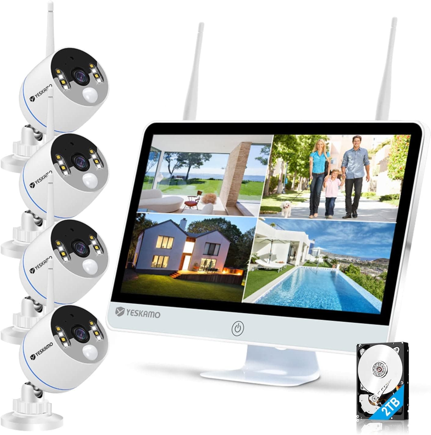 YESKAMO Long Range Wireless Outdoor Home Security Camera System with 16inch 1080p IPS Monitor 2TB Hard Drive Floodlight & Audio 3MP Spotlight IP Cameras 8CH WiFi Surveillance 2 Way Audio