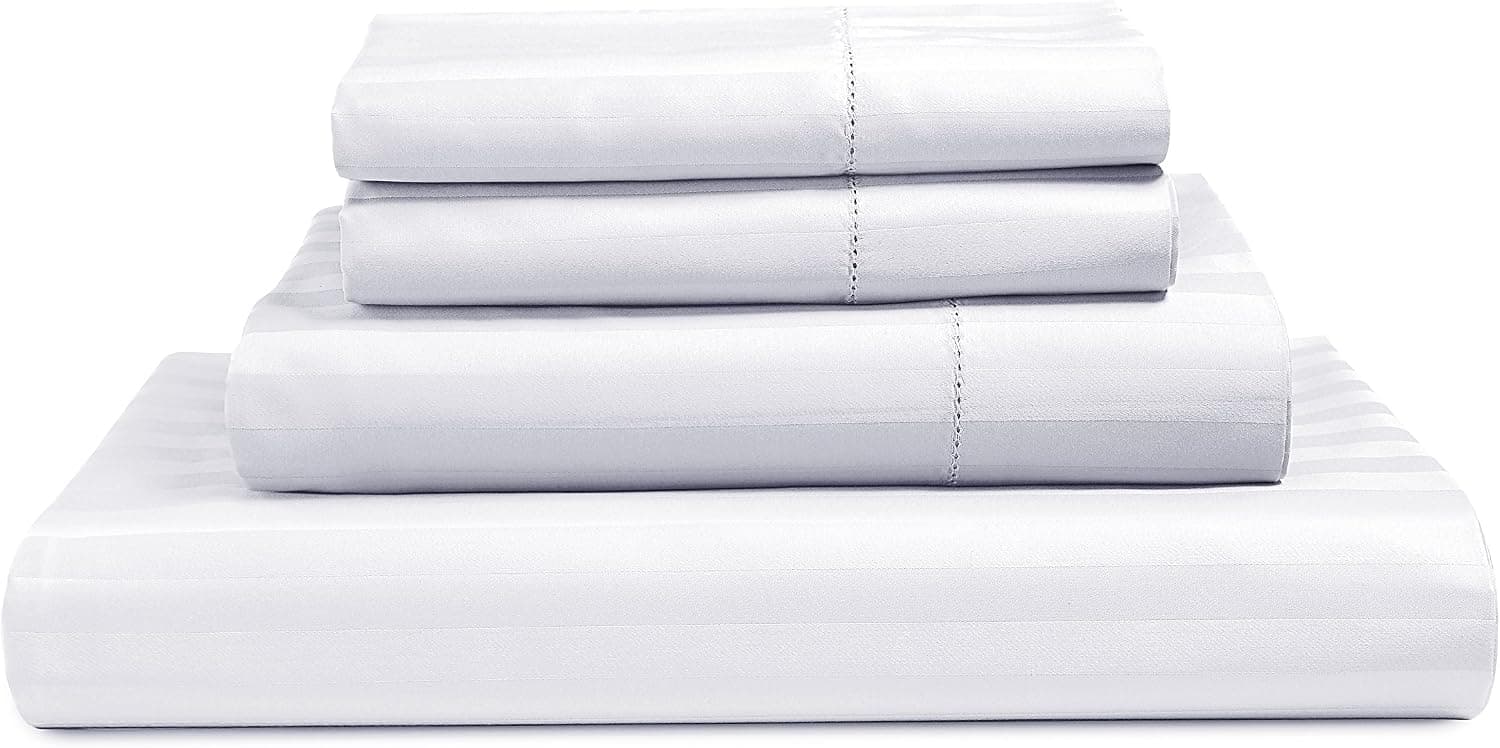 Isabella Cromwell 100% Pima Cotton 500 Thread Count 4 Piece Sheet Set 16 Inch Deep Pocket (fits Upto 18" mattresses) Stripe Sateen Weave Luxury Hotel Soft Comfort Bed Bedding (Full, White)
