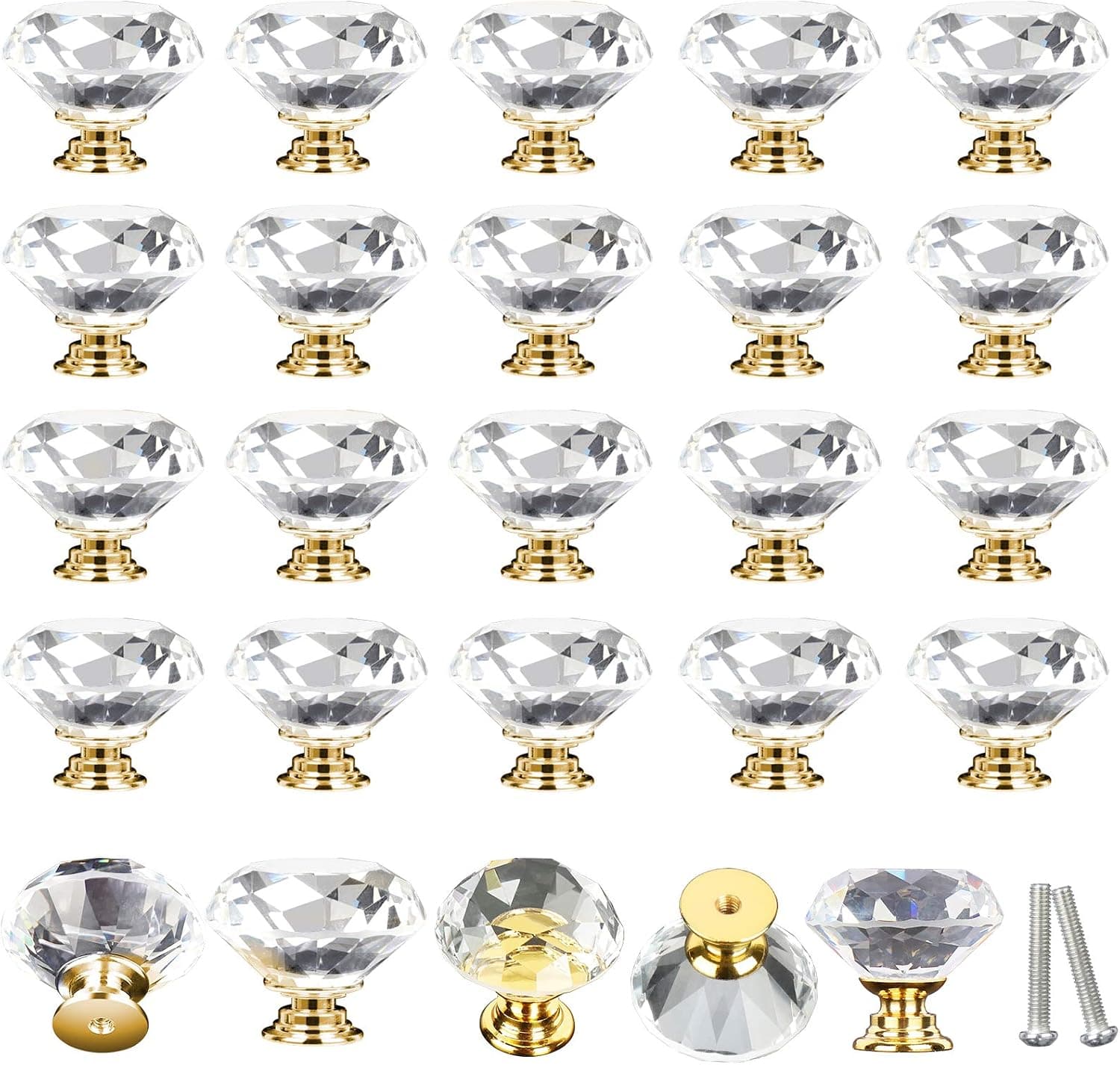 Eathtek 25PCS Diamond Shape Crystal Glass 30mm Drawer Knob Pull Handle for Cupboard Kitchen Cabinet ( Gold)