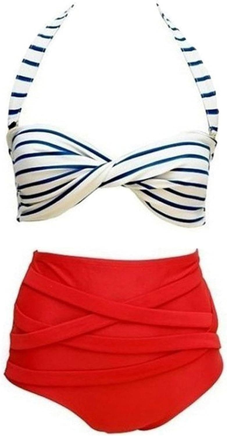Summwind Retro Swimsuit Swimwear Vintage High Waist Stripe Style(FBA)