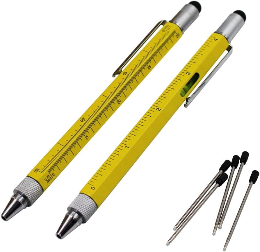 2PCS PACK Screwdriver Pen Multi-Tool Metal Pen – Multi-Functional & Sturdy Aluminum DIY Tool, With Screwdriver, Stylus, Bubble Level, Ruler & Phillips Flathead Bit, Unique Gift Idea (2, LIGHT YELLOW)