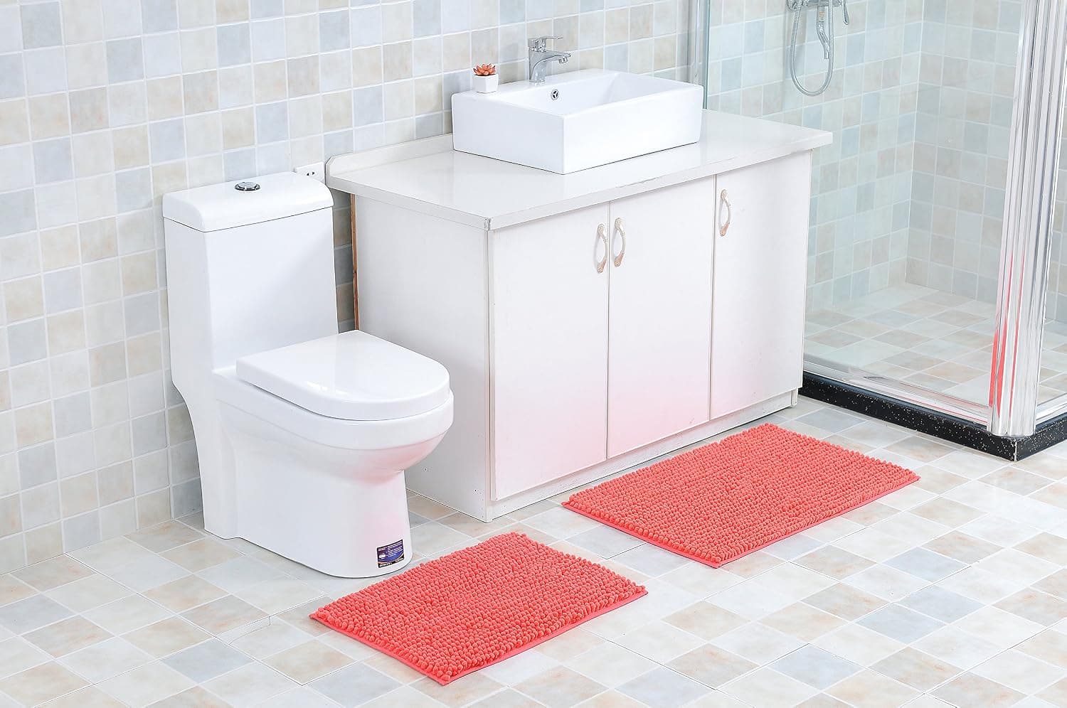 2-Piece Royale Chenille Extra-Soft and Absorbent Bathroom Mat Set, Machine-Washable, Perfect for Bath, Tub, and Shower (Coral)