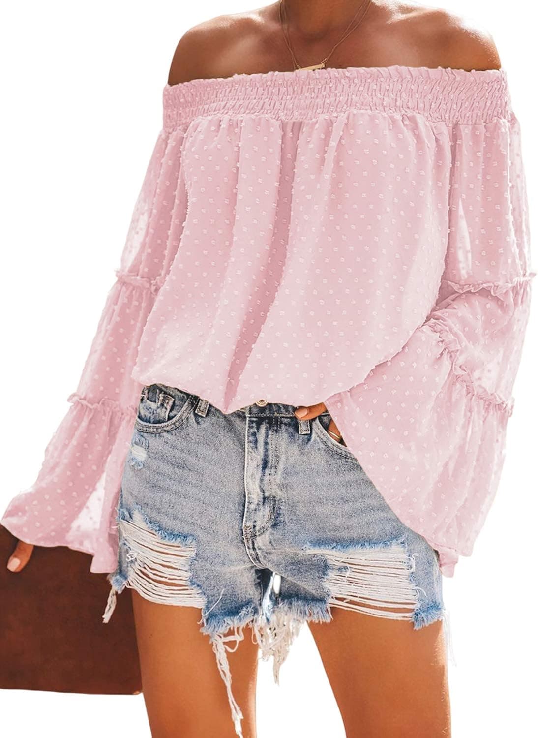 CILKOO Womens Solid Off The Shoulder Balloon Long Sleeve Bell Sleeve Chiffon Blouses Tunic Tops Plus Size Pink US16-18 X-Large