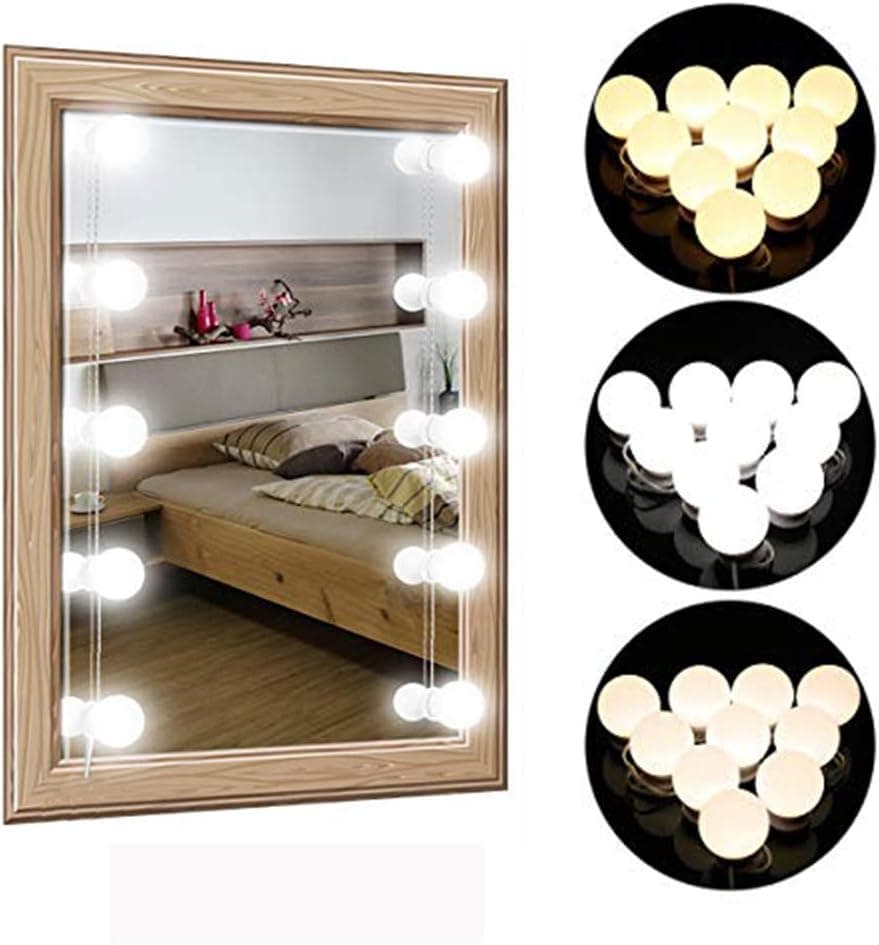 Hollywood Style LED Vanity Mirror Lights Kit，Upgraded 3 Color Lighting Modes，Makeup Lighting Fixture，10 Dimmable Light Bulbs and Smart Dimmer for Vanity Table Set/Bathroom Mirror 3000K-6500K