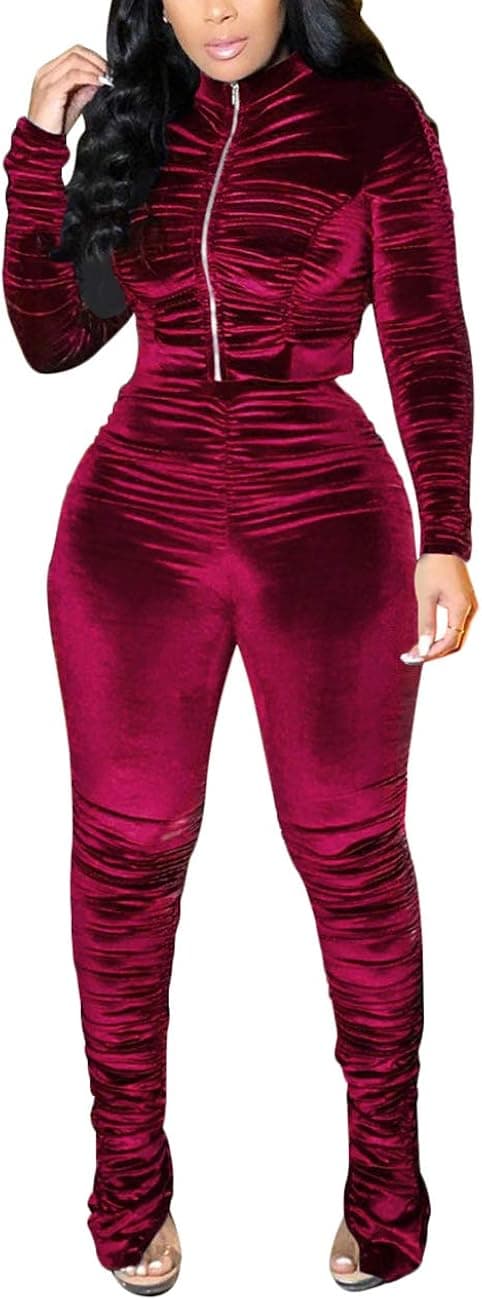 KANSOON Track Suits for Women Set 2 Piece Sweatsuits Outfits Velour Ruched Long Sleeve Zip Up Jacket and Pants Sets