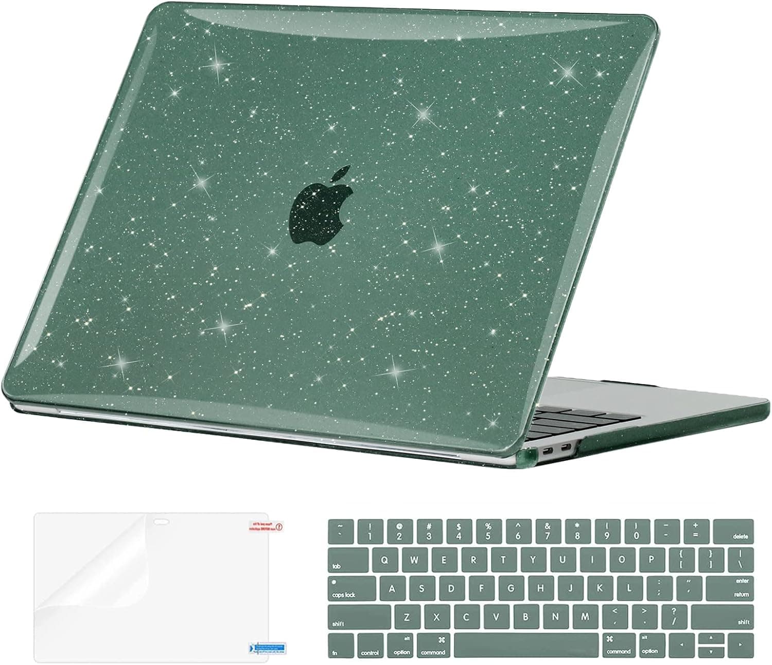 EooCoo Compatible with MacBook Pro 13 inch Case 2023 2022 M2 2021 2020 M1 A2338 A2289 A2251 A2159 A1989 A1706 A1708 Sparkly Hard Case with Keyboard Cover, Screen Protector - Glitter Midnight Green
