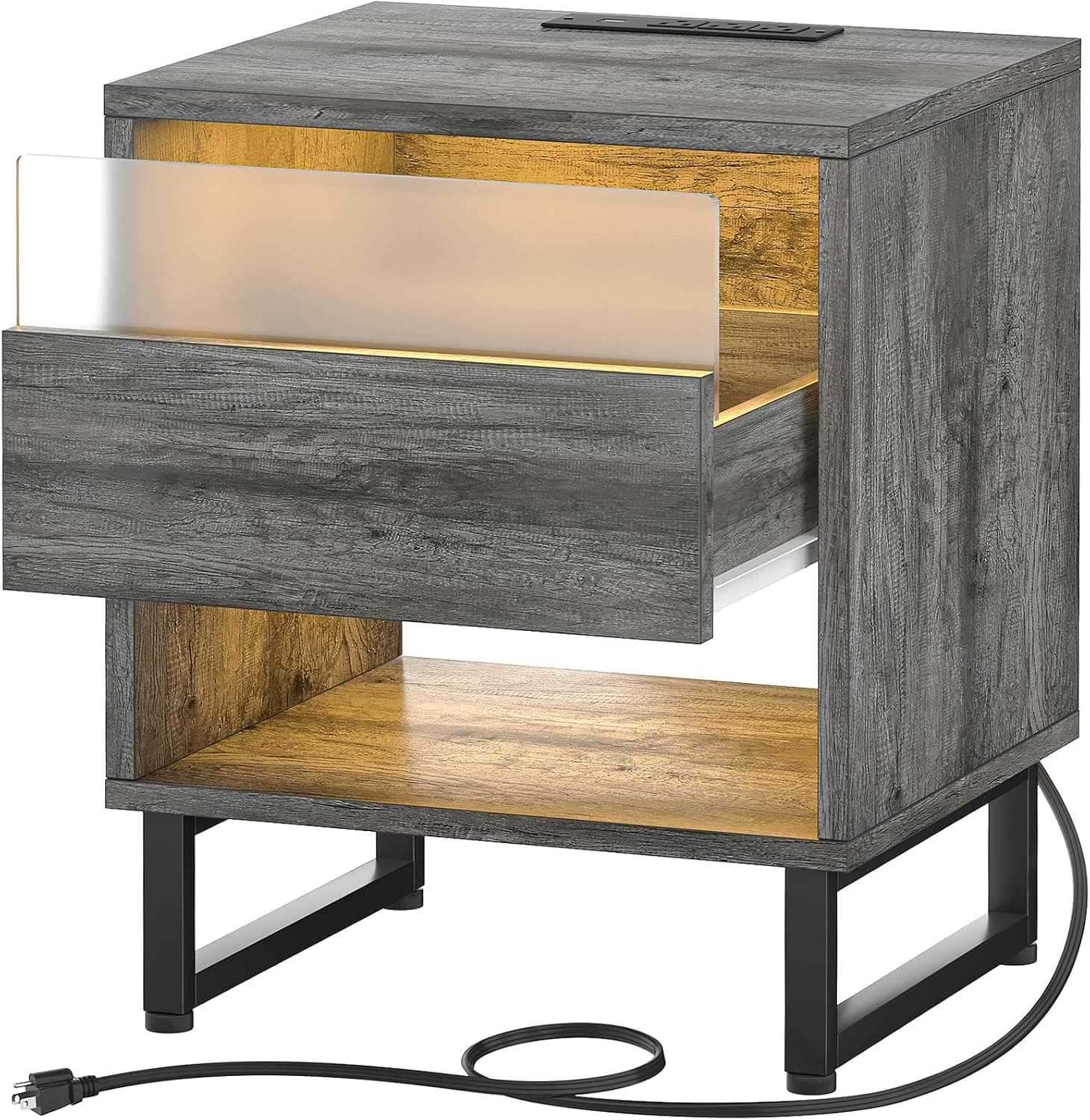Nightstand Set of 2 with Charging Station and LED Light, Bedside Table with Large Storage Drawer for Bedroom, White Night Stand Modern End Table Sofa Side, Gray Oak