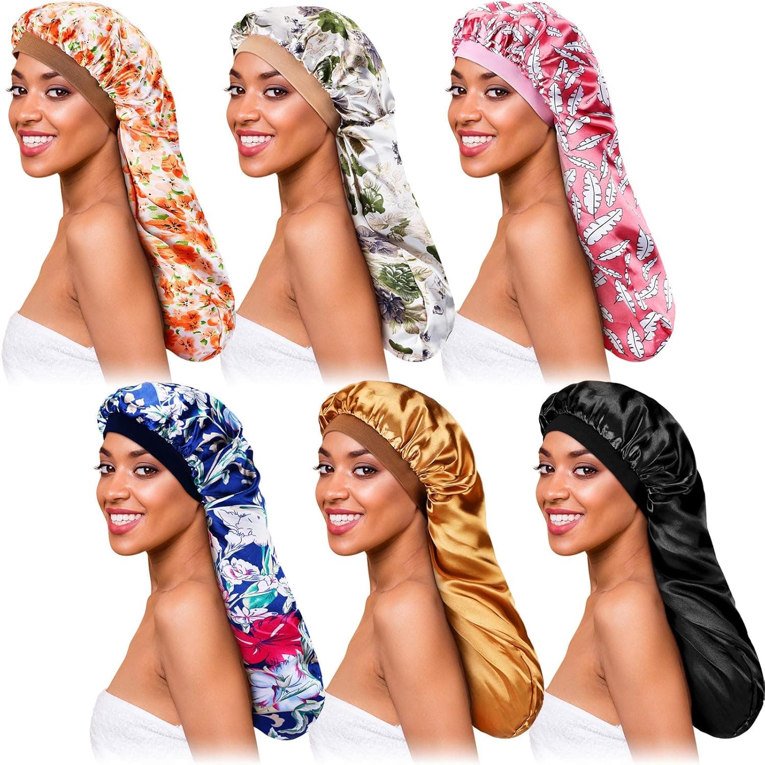 6 Pieces Long Satin Bonnet Sleep Cap for Dreadlocks Long Braids Curly Hair Silky Night Sleeping Hat with Soft Elastic Band for Women