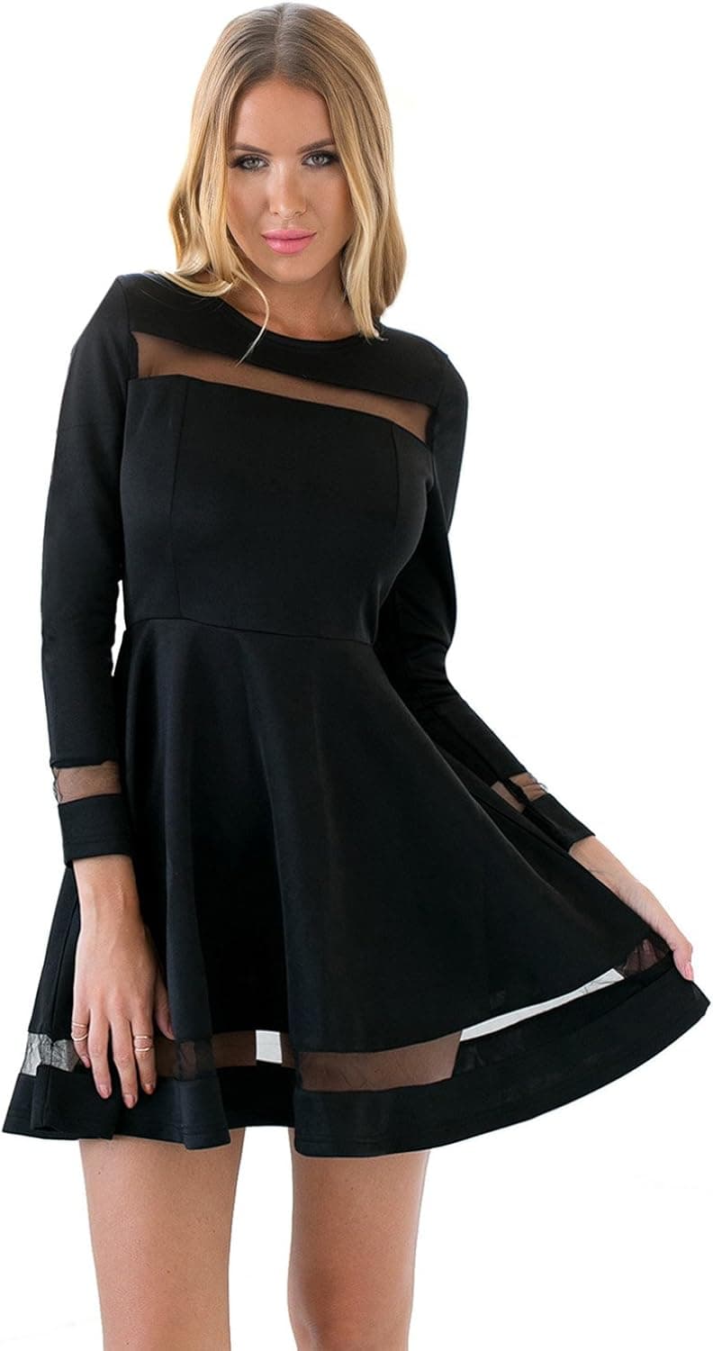LookbookStore Women's A Line Skater Long Sleeves Mesh Panel Flare Casual Dress