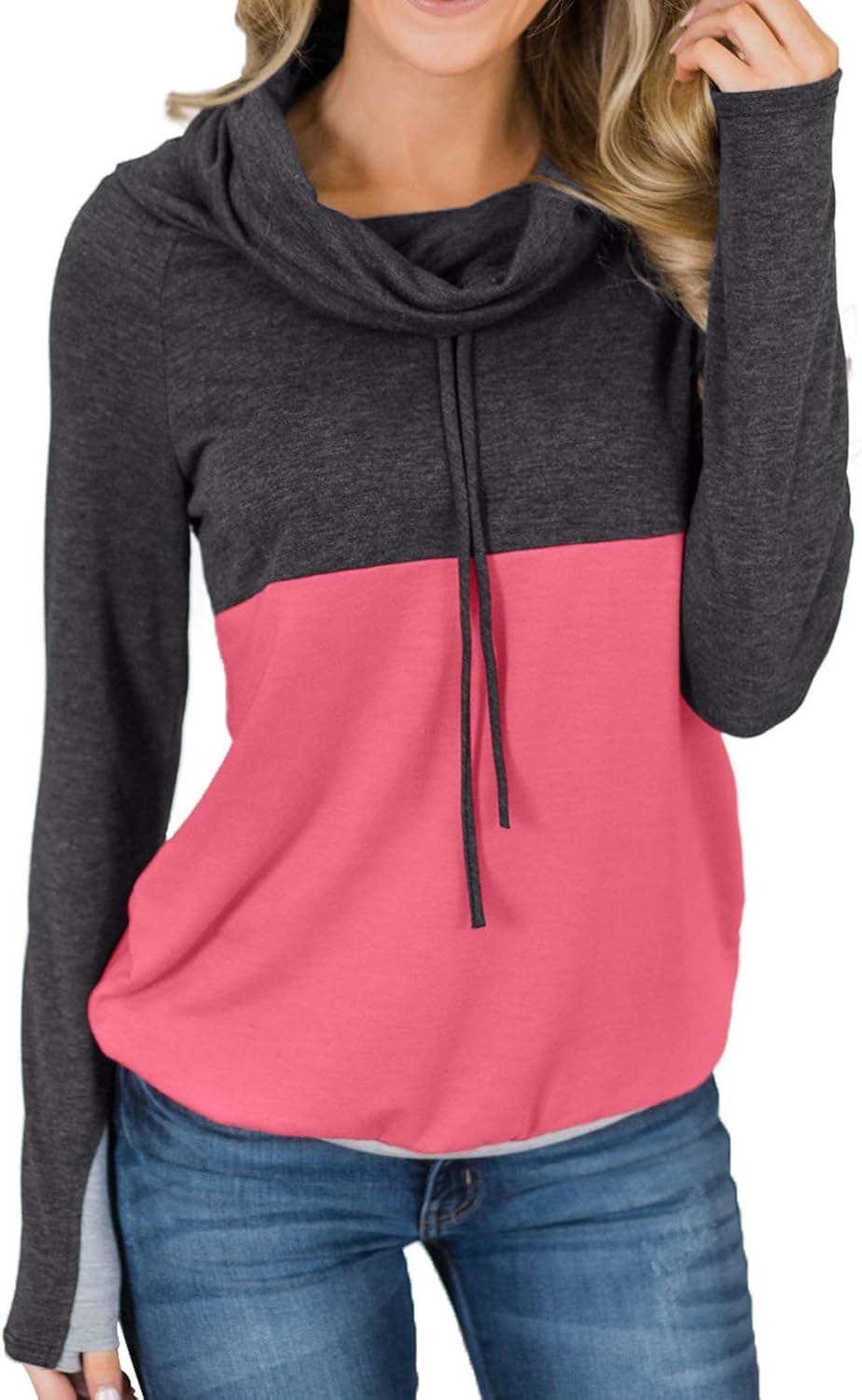 ROSKIKI Women Cowl Neck Casual Tunic Sweatshirts Drawstring Long Sleeve Color Block Patchwork Pullover Tops