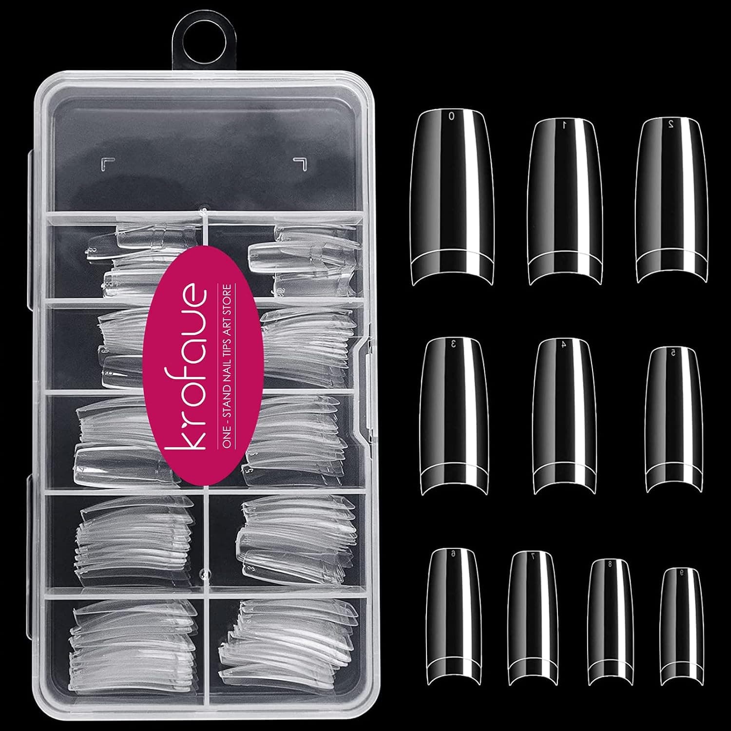 krofaue 100PCS Clear False Nails Tips, Half Cover Lady French Style Acrylic Artificial Tip Manicure with Box of 10 Sizes for Nail Tips Art Salons and Home DIY
