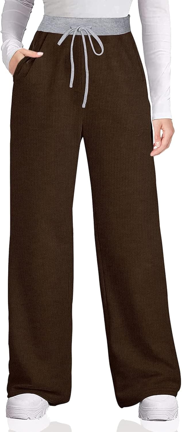 Dofaoo Womens Lounge Pants Palazzo Pants Fall High Waisted Sweatpants with Pockets Brown S