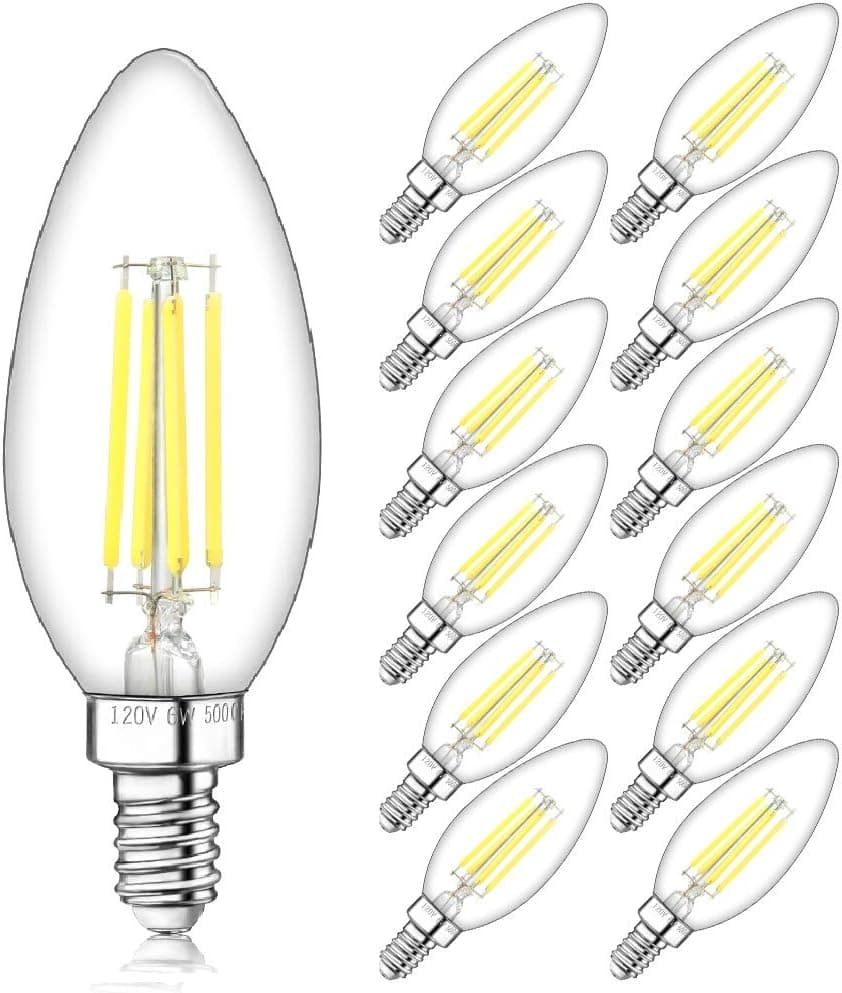 LITAKE Dimmable Candelabra LED Bulbs Daylight 60W,5000K E12 LED Candle Light Bulbs,Clear Filament Chandelier Light Bulbs,Decorative Ceiling Fan Light Bulb, 600 Lumens,12 Packs