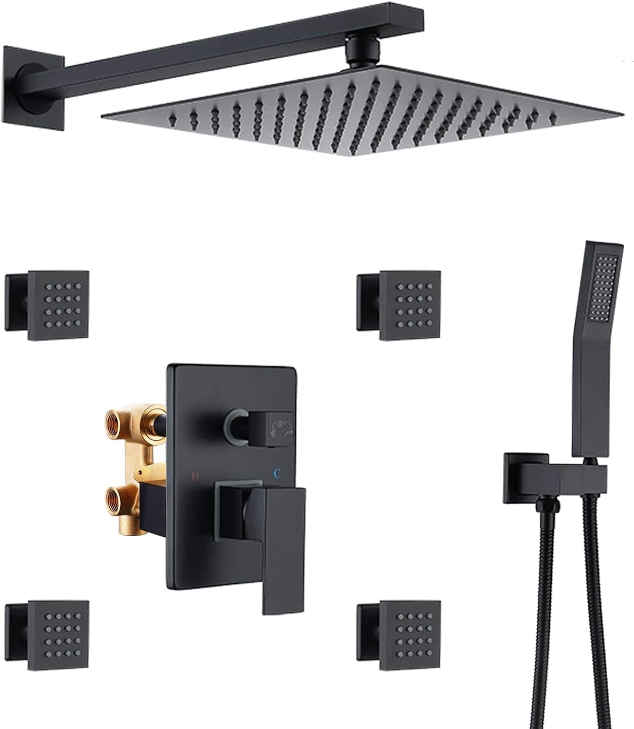RBROHANT Shower Faucet Set Black Matte Bathroom Shower System with 4PCS Shower Body Sprayer Jets Wall Mount 10 Inch Rain Shower Head System with Handheld Showerhead RCS85011MB