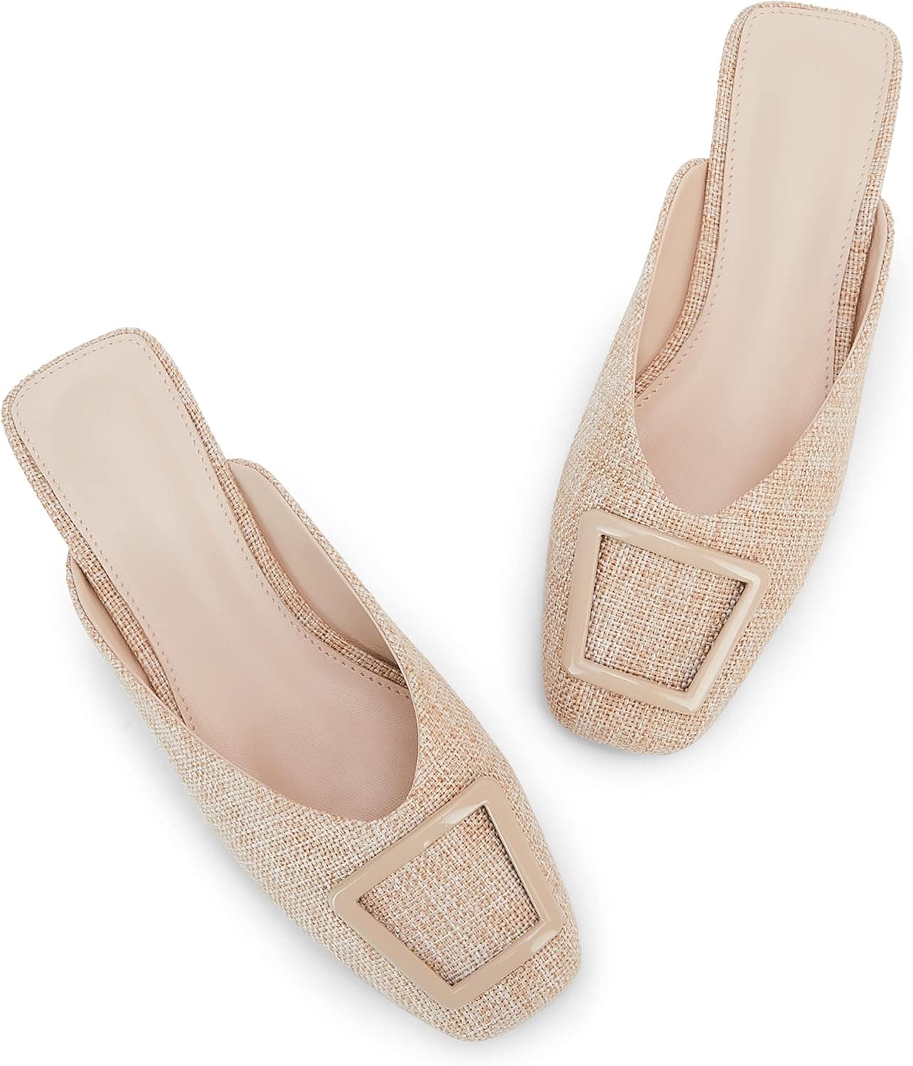 Women's Flat Linen Mules Ladies Square Buckle Decor Closed Square Toe Backless Slip on Slides Loafer Shoes