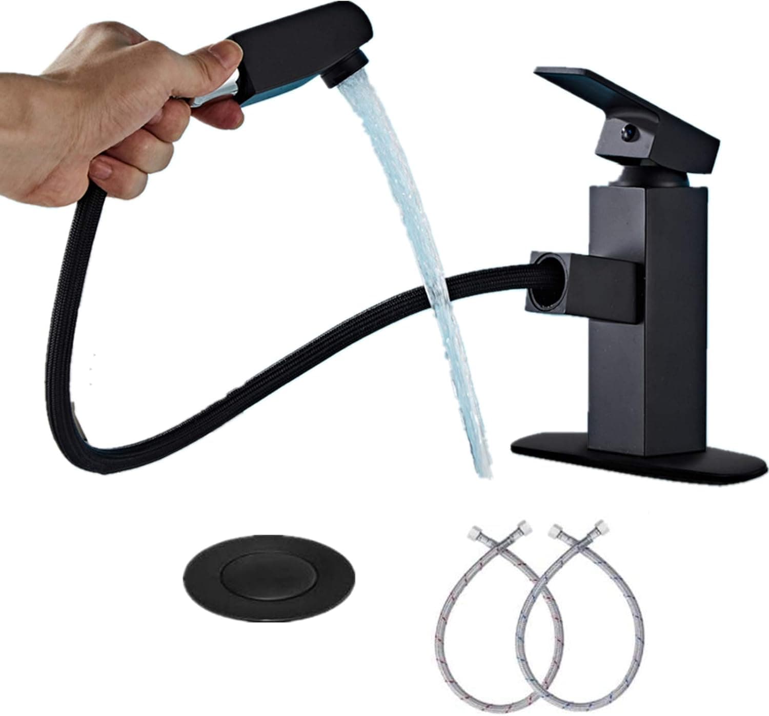 Gecious Black Bathroom Faucet with Sprayer Drain Assembly Pull Out Sink, Single Handle One Hole Lavatory Sink Mixer Tap Deck Mounted, Pop Up Drain Without Over Flow, Cover Deck Plate