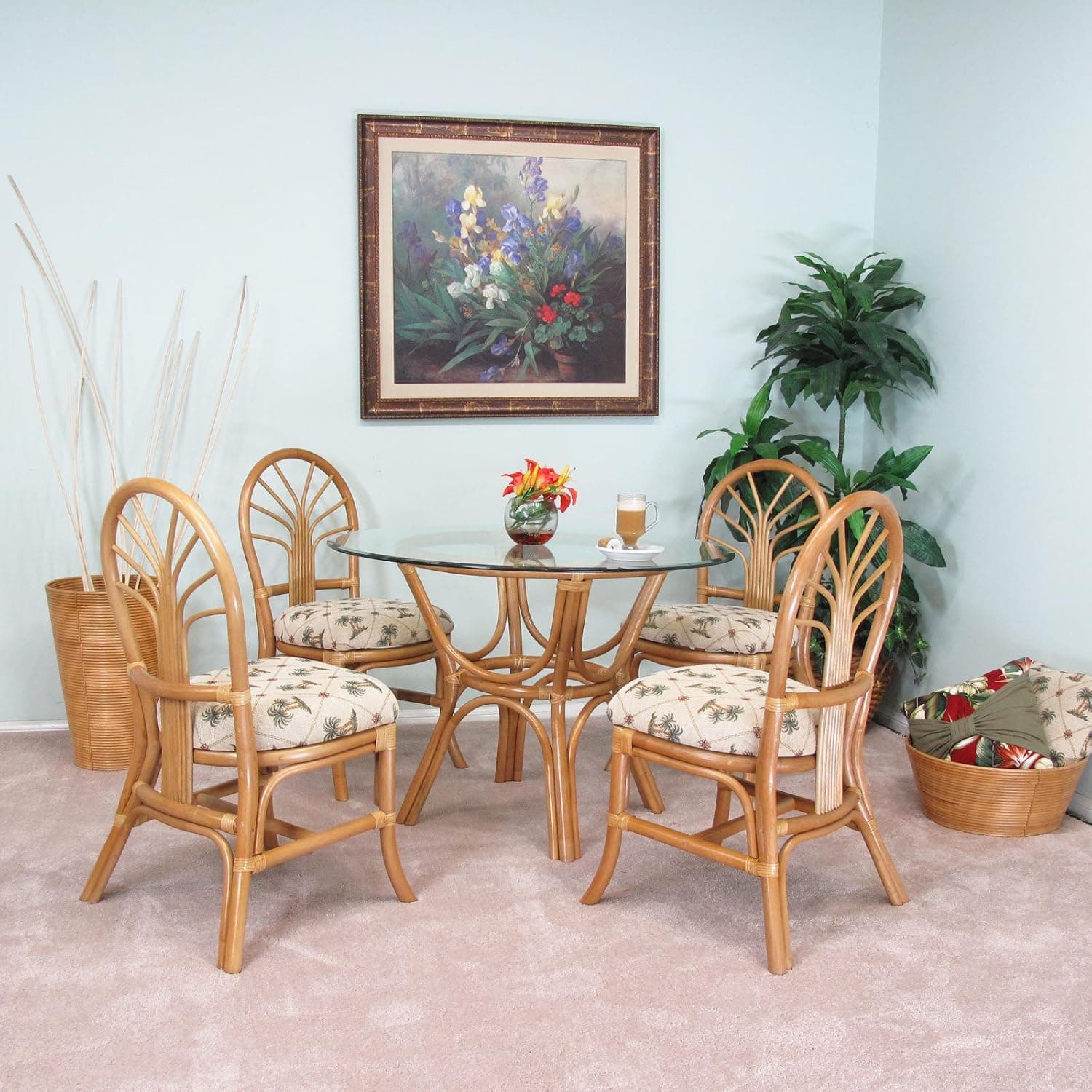 urbandesignfurnishings.com Premium Rattan Dining Furniture Sundance 5 Piece Set Regal Brand Jacquard Fabric Palm Tree (Honey Finish)