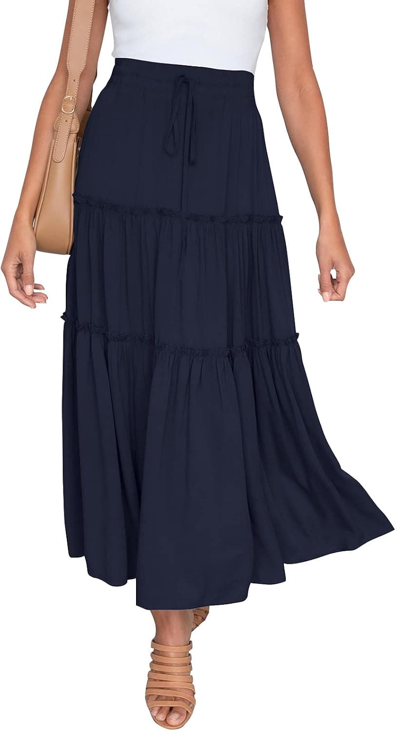 HAEOF Women's Boho Elastic High Waist A Line Ruffle Swing Beach Maxi Skirt with Pockets