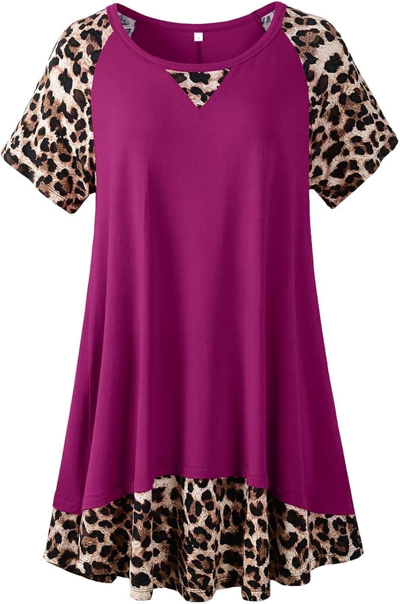 LARACE Leopard Tops for Womens Plus Size Shirts Casual Summer Clothes Short Sleeve Tunic Color Block Tee