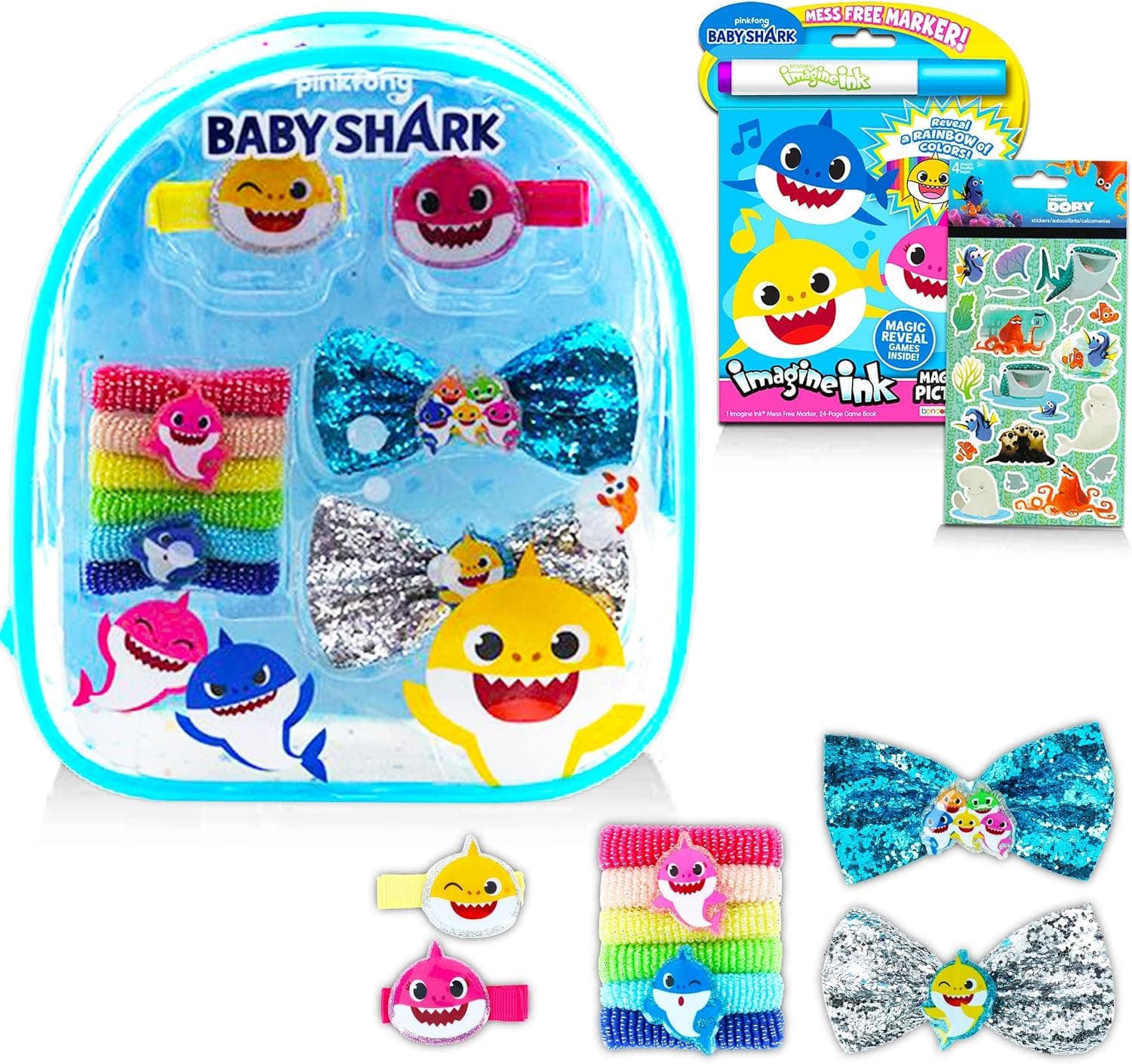 Baby Shark Backpack Hair Accessories Set ~ Deluxe 7" Mini Pinkfong Baby Shark Clear Backpack with Hair Bows, Clips, Ties, Stickers, and More (Baby Shark Dress Up Pretend Play School Supplies Bundle)