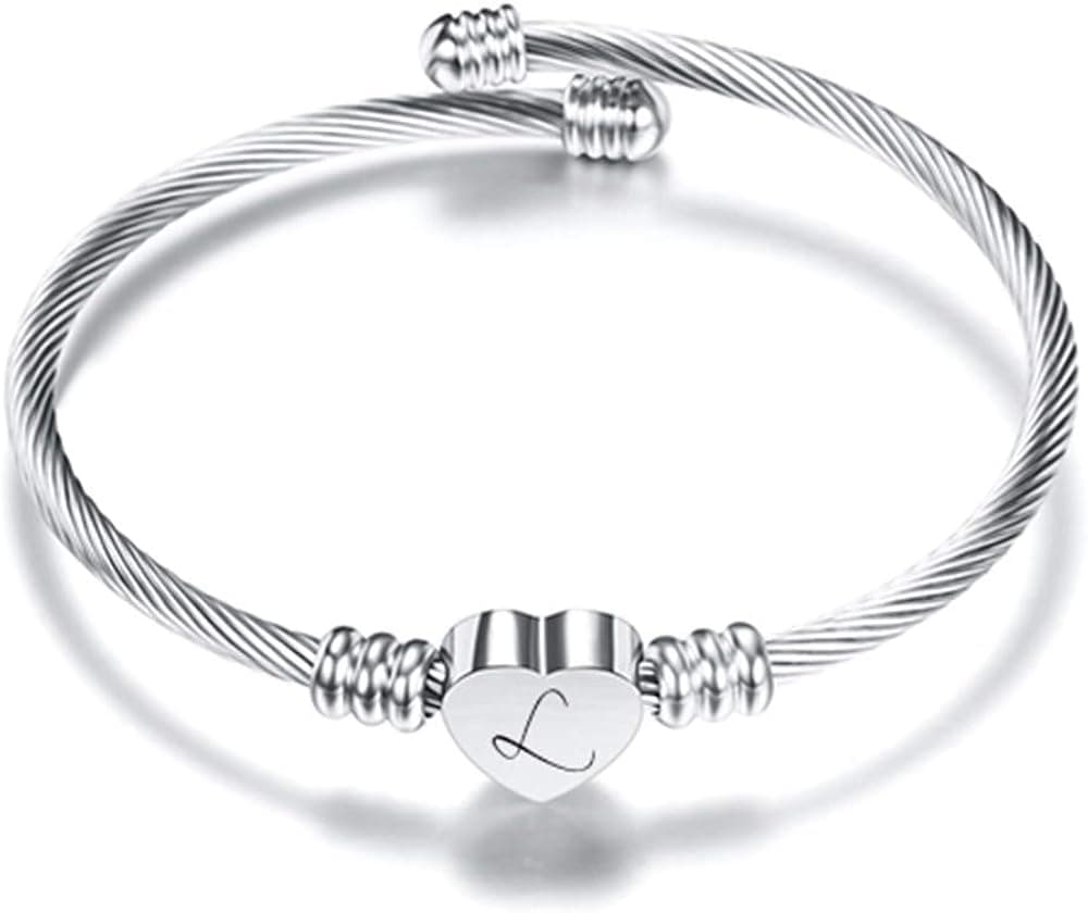 NIBASTAR Heart Initial Bracelet for Women Girls 26 Letter Charm Name Cuff Bracelet Silver L