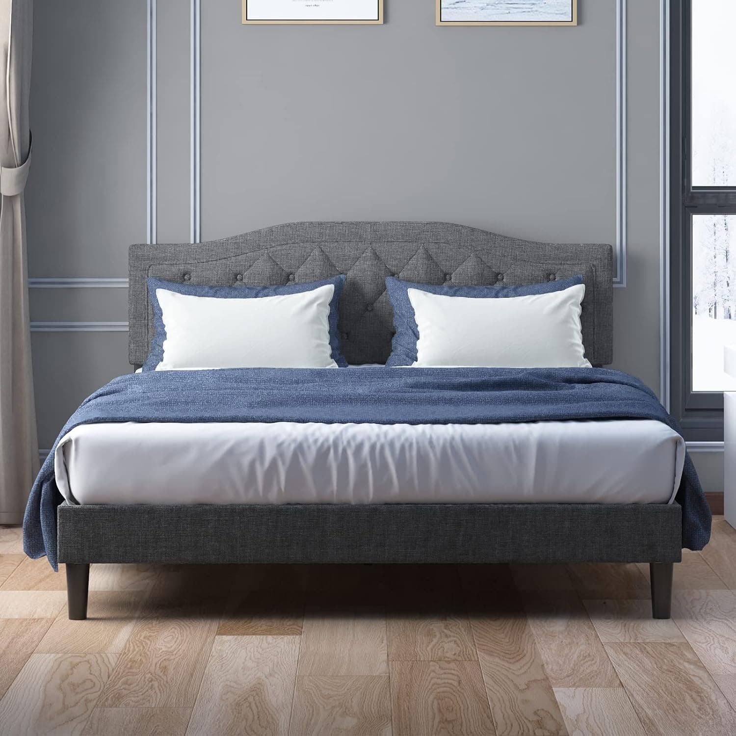 Mjkone Queen Size Linen Platform Bed Frame,Upholstered Bed with Adjustable Headboard,Modern Linen Bed Frame/No Mattress/No Box Spring Need/Easy Assembly(Dark Gray)