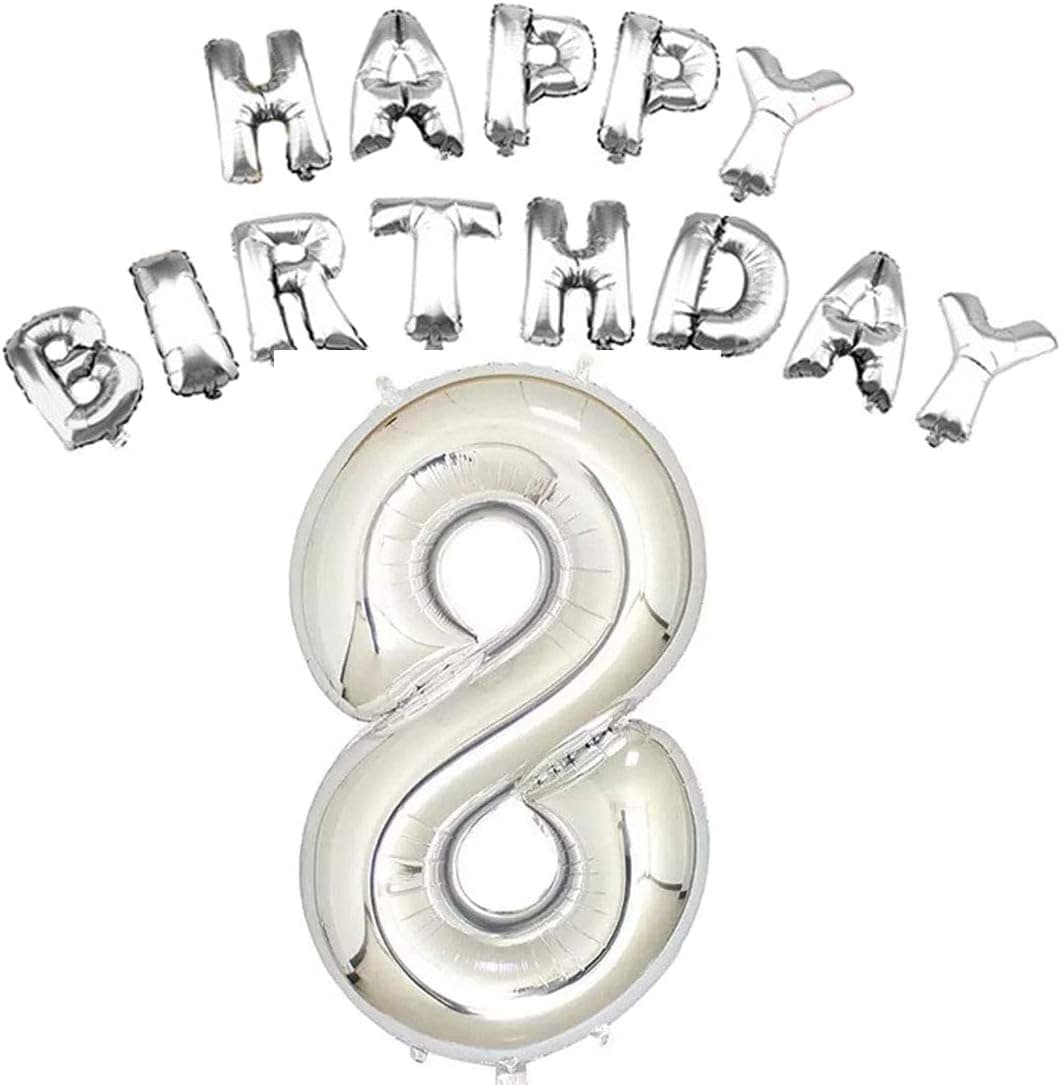 Silver 8th Birthday Balloons Kit, Girl or Boy First Birthday Decorations, Happy Birthday and 8 Balloons Party Supplies