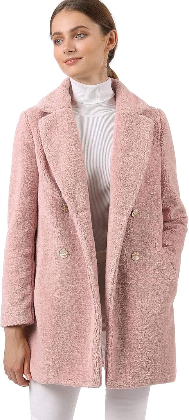 Allegra K Women's Faux Fur Coat Double Breasted Notched Lapel Long Jacket
