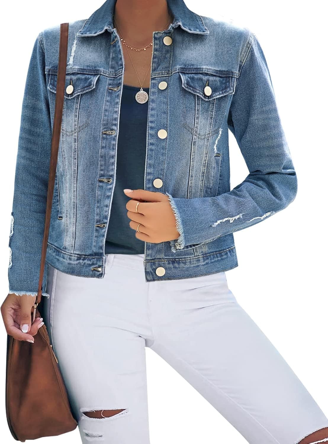 LookbookStore Women's Basic Long Sleeves Button Down Fitted Denim Jean Jackets